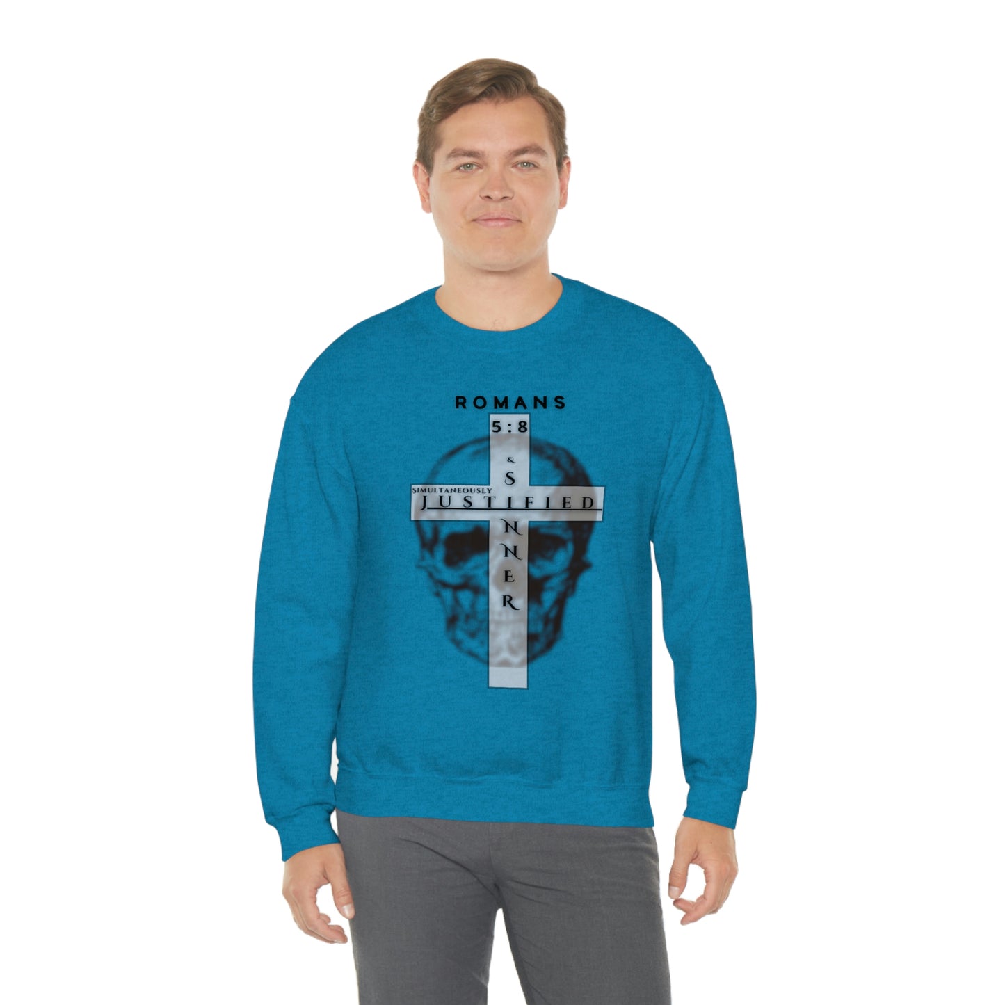 Men's Justified & Sinner (Romans 5:8) [Black Art] Heavy Blend™ Crewneck Sweatshirt