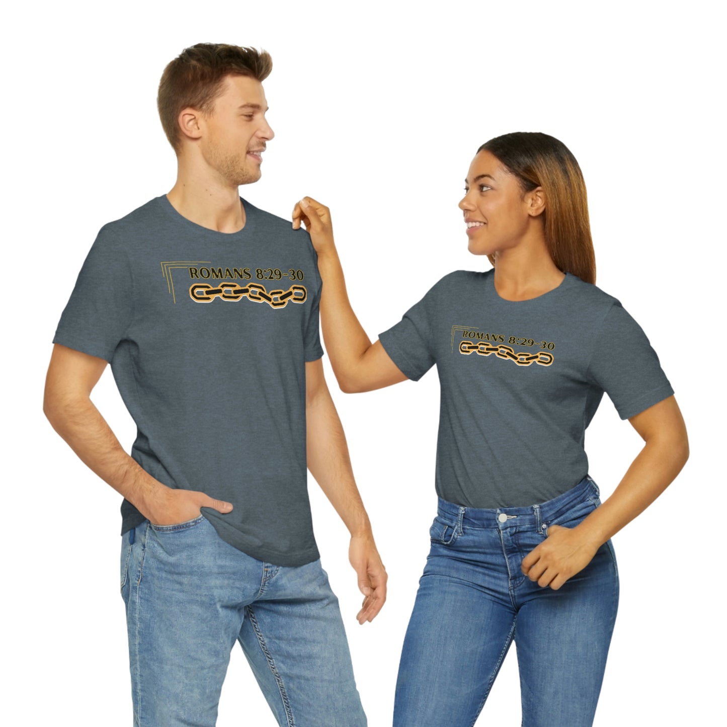 Unisex Golden Chain of Redemption (Romans 8:28-29) [Black] Short Sleeve T-Shirt