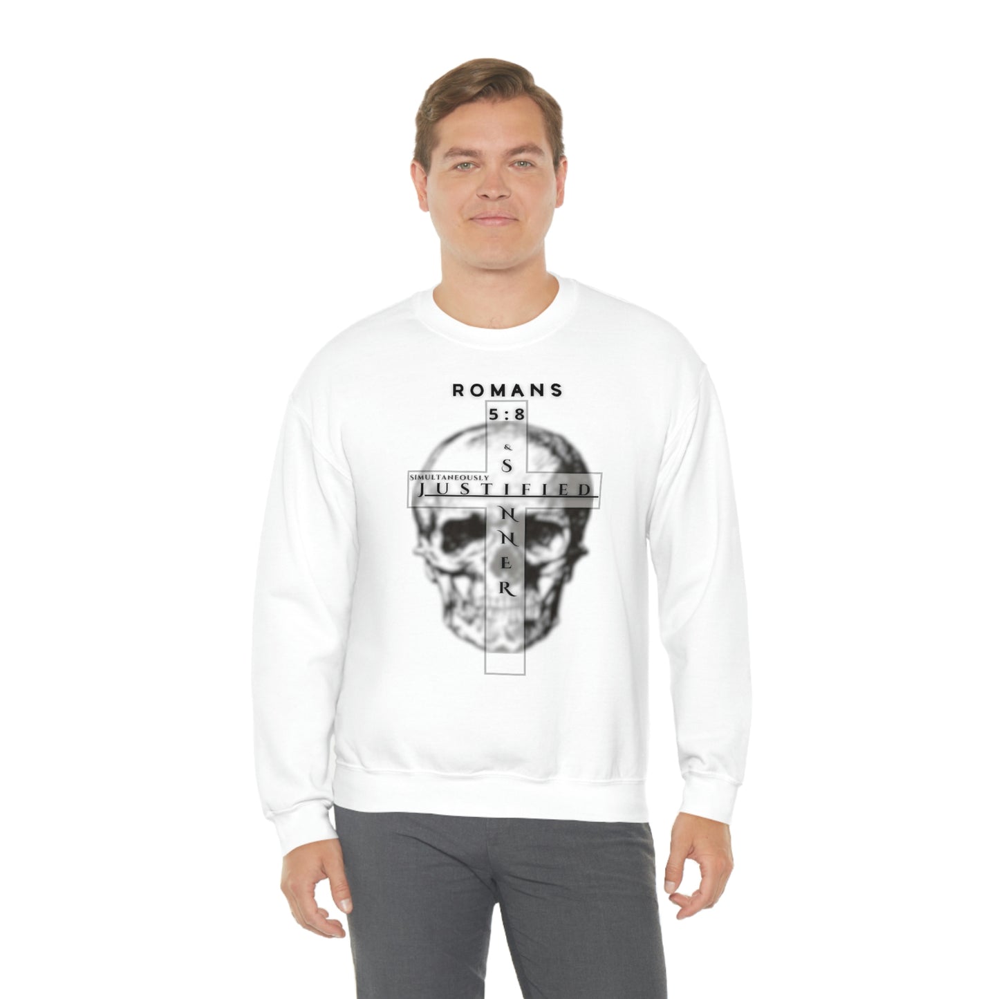 Men's Justified & Sinner (Romans 5:8) [Black Art] Heavy Blend™ Crewneck Sweatshirt