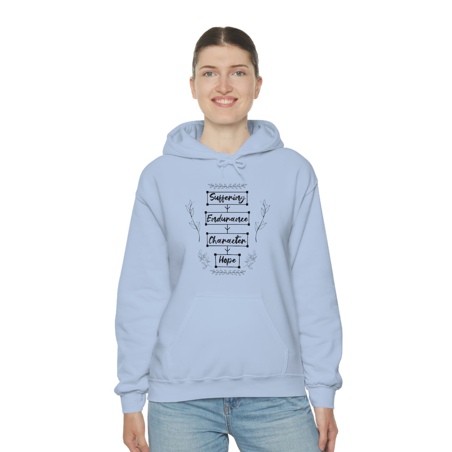 Women's Suffering Produces Hope (Romans 5:4) [Black Text] Heavy Blend™ Hooded Sweatshirt