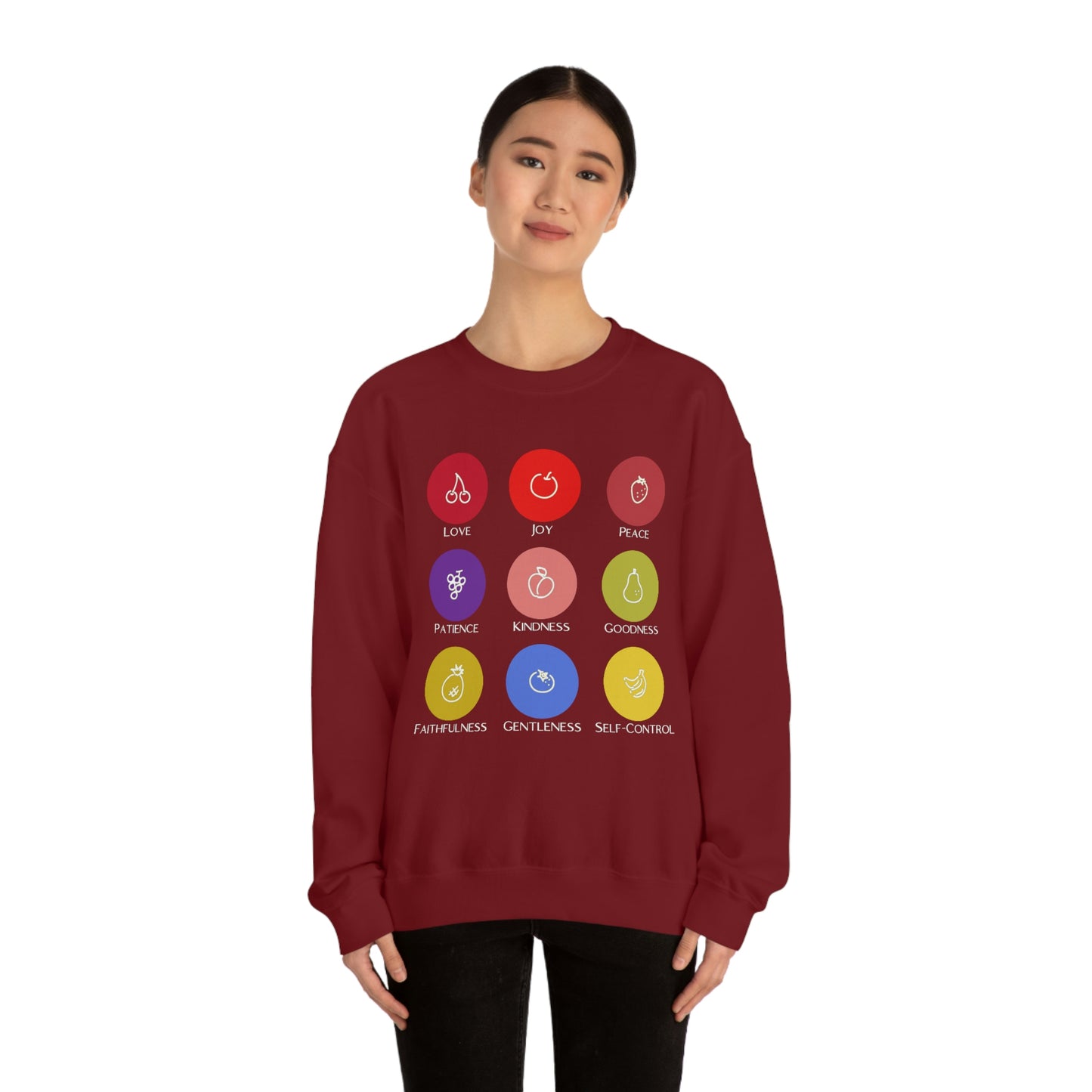 Unisex Fruits of the Spirit (White Text) Heavy Blend™ Crewneck Sweatshirt