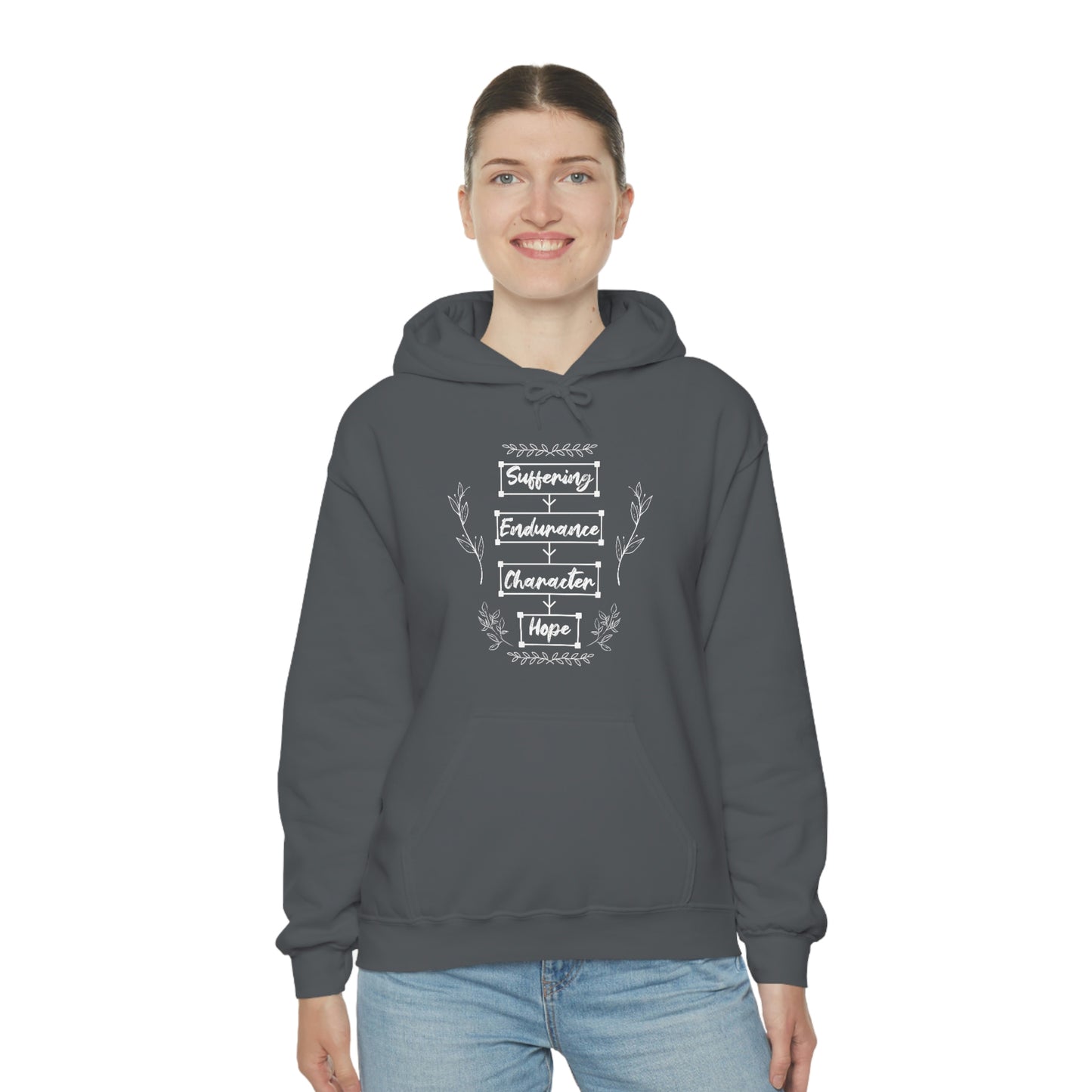 Women's Suffering Produces Hope (Romans 5:4) [White Text] Heavy Blend™ Hooded Sweatshirt