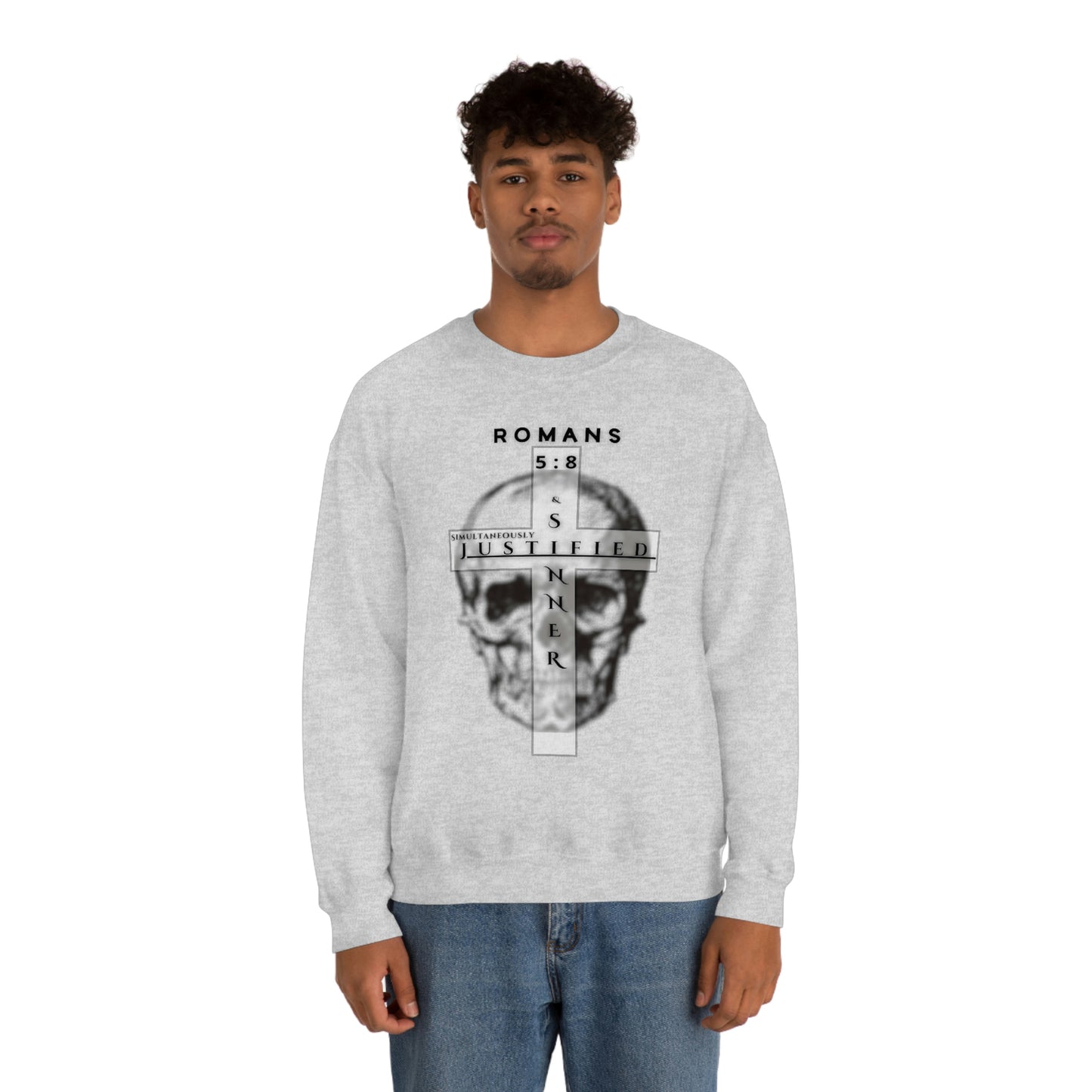 Men's Justified & Sinner (Romans 5:8) [Black Art] Heavy Blend™ Crewneck Sweatshirt