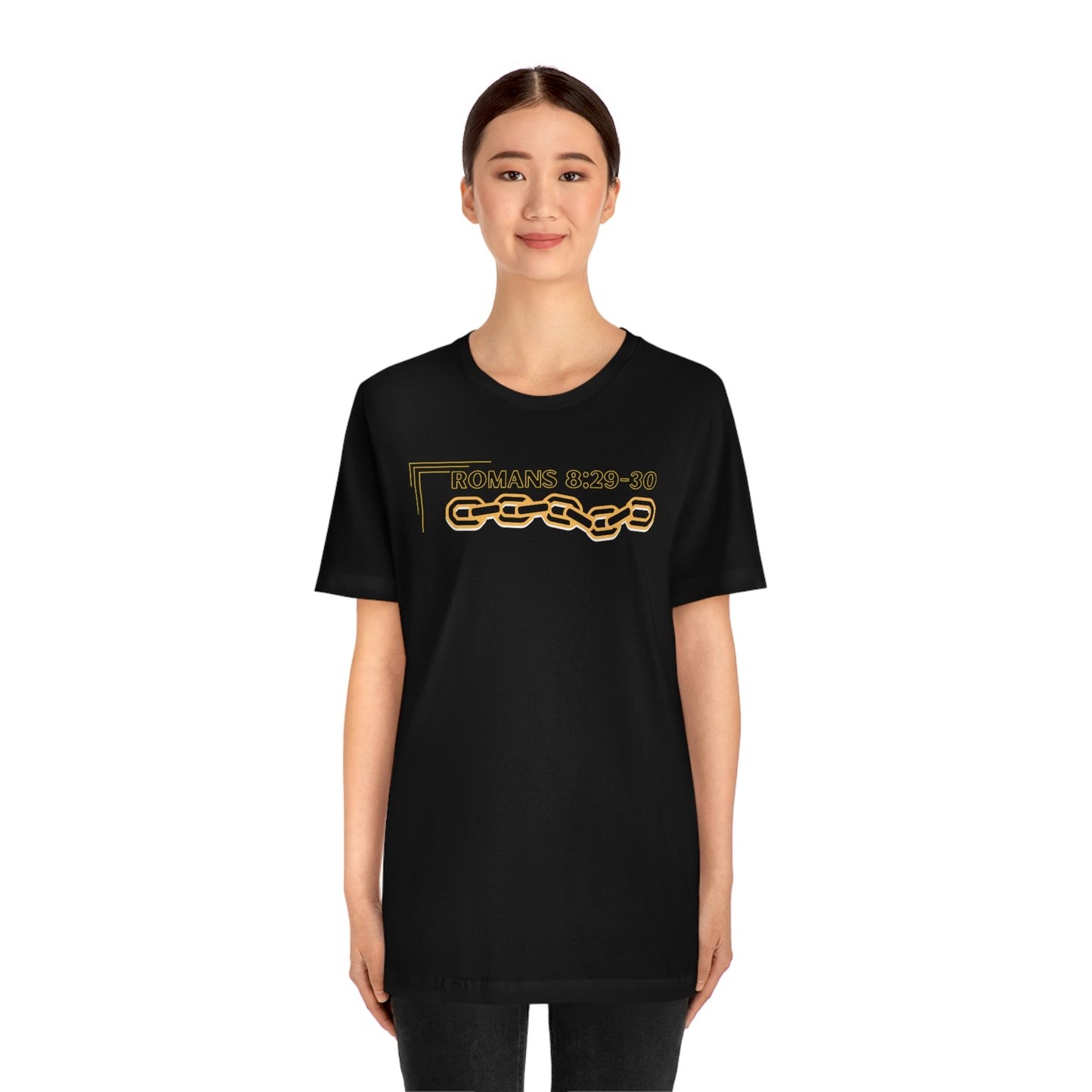 Unisex Golden Chain of Redemption (Romans 8:28-29) [Black] Short Sleeve T-Shirt