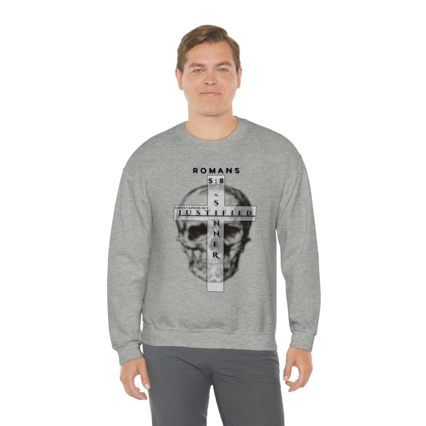 Men's Justified & Sinner (Romans 5:8) [Black Art] Heavy Blend™ Crewneck Sweatshirt