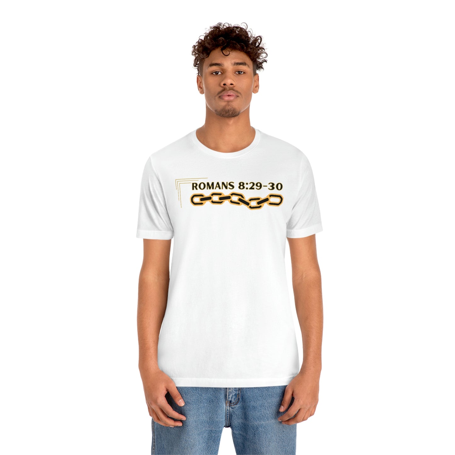 Unisex Golden Chain of Redemption (Romans 8:28-29) [Black] Short Sleeve T-Shirt