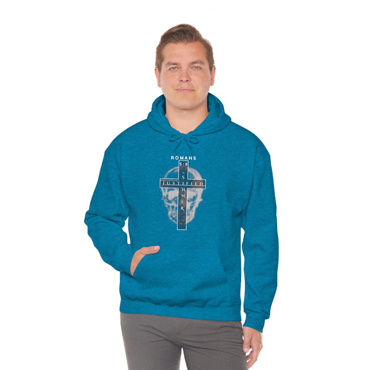 Men's Justified & Sinner (Romans 5:8) [White Art] Heavy Blend™ Hooded Sweatshirt