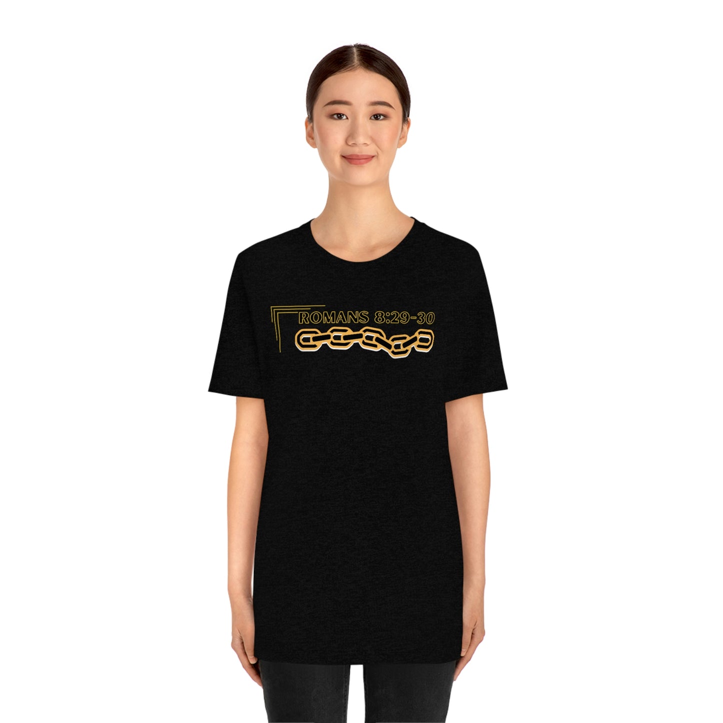 Unisex Golden Chain of Redemption (Romans 8:28-29) [Black] Short Sleeve T-Shirt