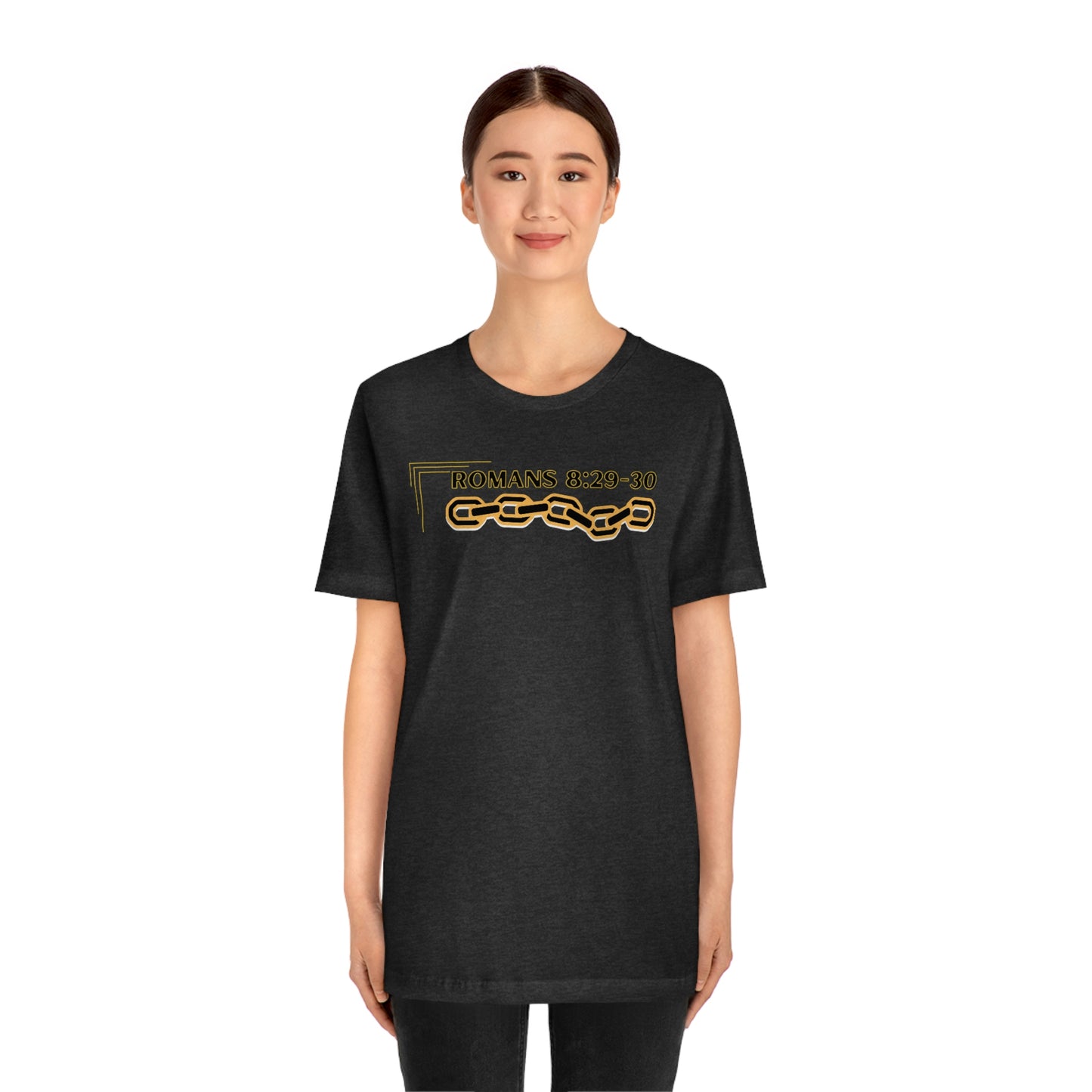 Unisex Golden Chain of Redemption (Romans 8:28-29) [Black] Short Sleeve T-Shirt