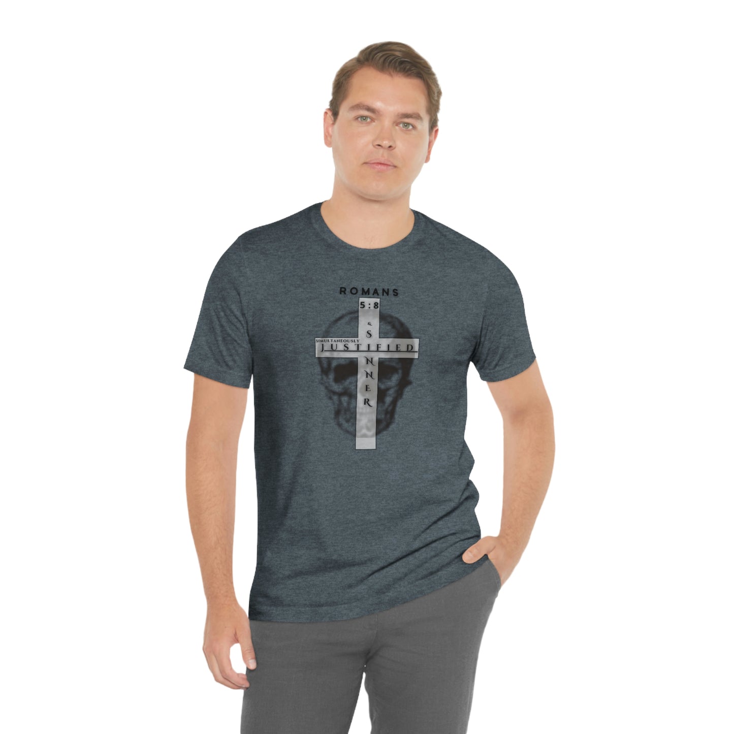 Men's Justified & Sinner (Romans 5:8) [Black Art] Short Sleeve T-Shirt