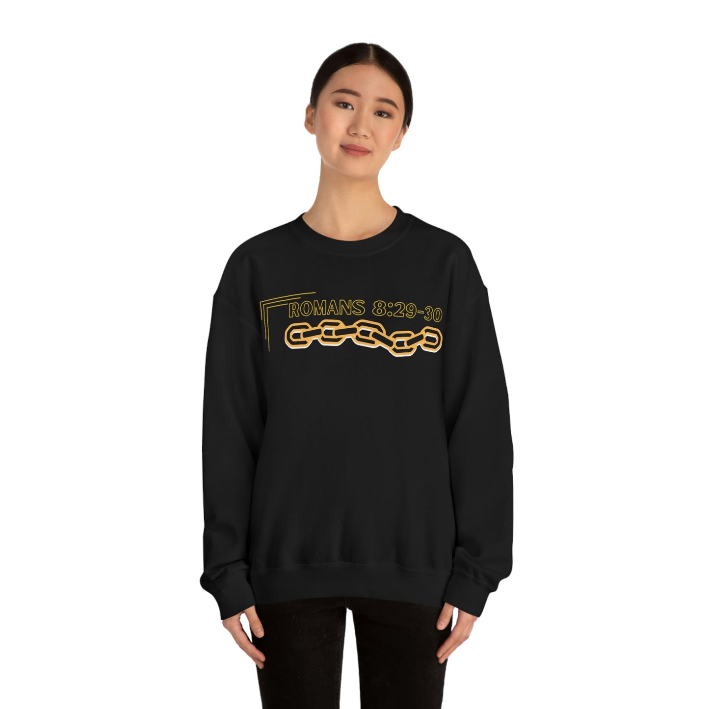 Unisex Golden Chain of Redemption (Romans 8:28-29) [Black] Heavy Blend™ Crewneck Sweatshirt