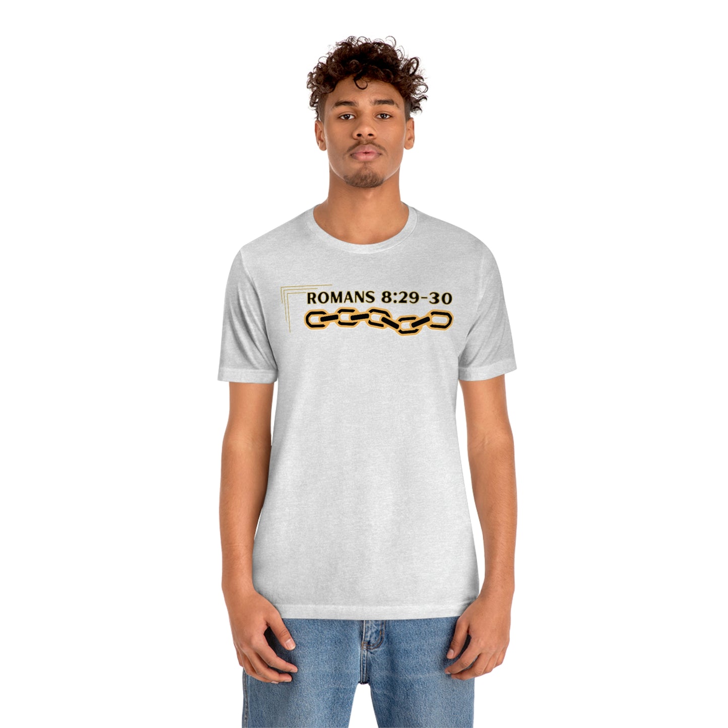 Unisex Golden Chain of Redemption (Romans 8:28-29) [Black] Short Sleeve T-Shirt