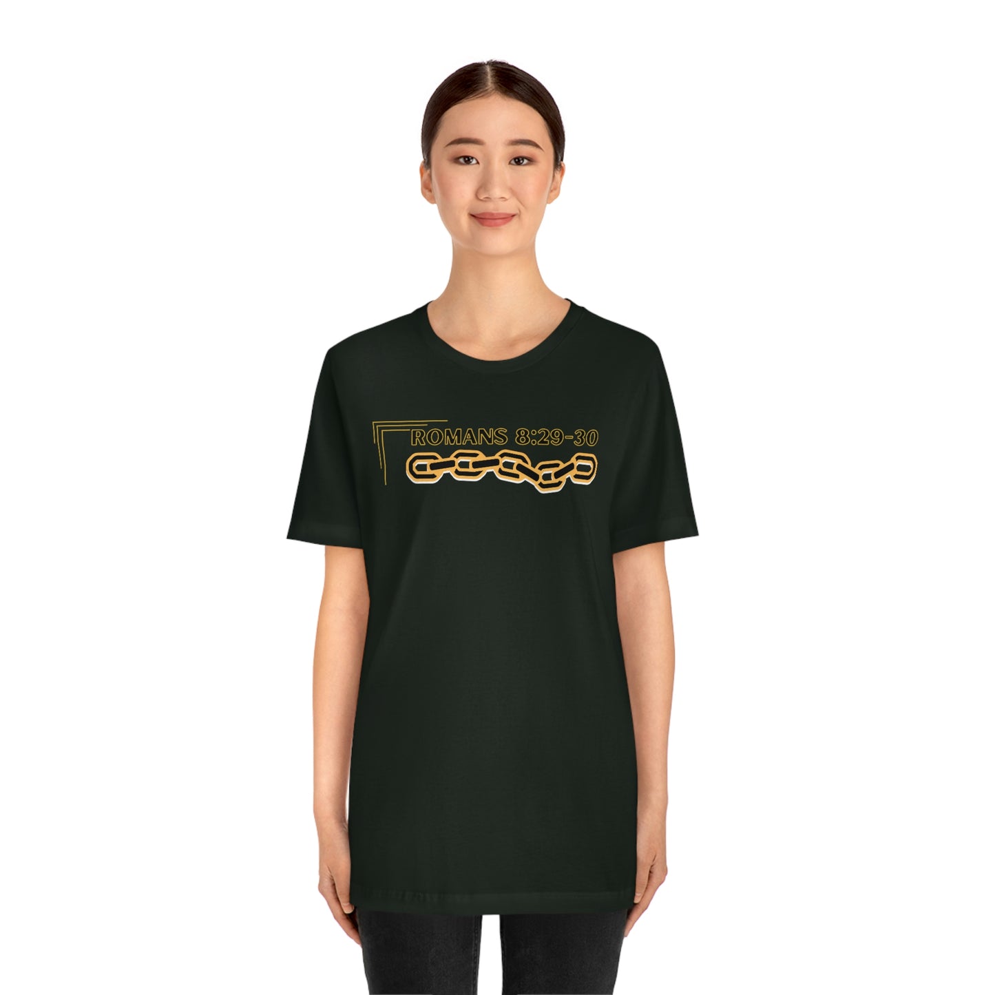 Unisex Golden Chain of Redemption (Romans 8:28-29) [Black] Short Sleeve T-Shirt