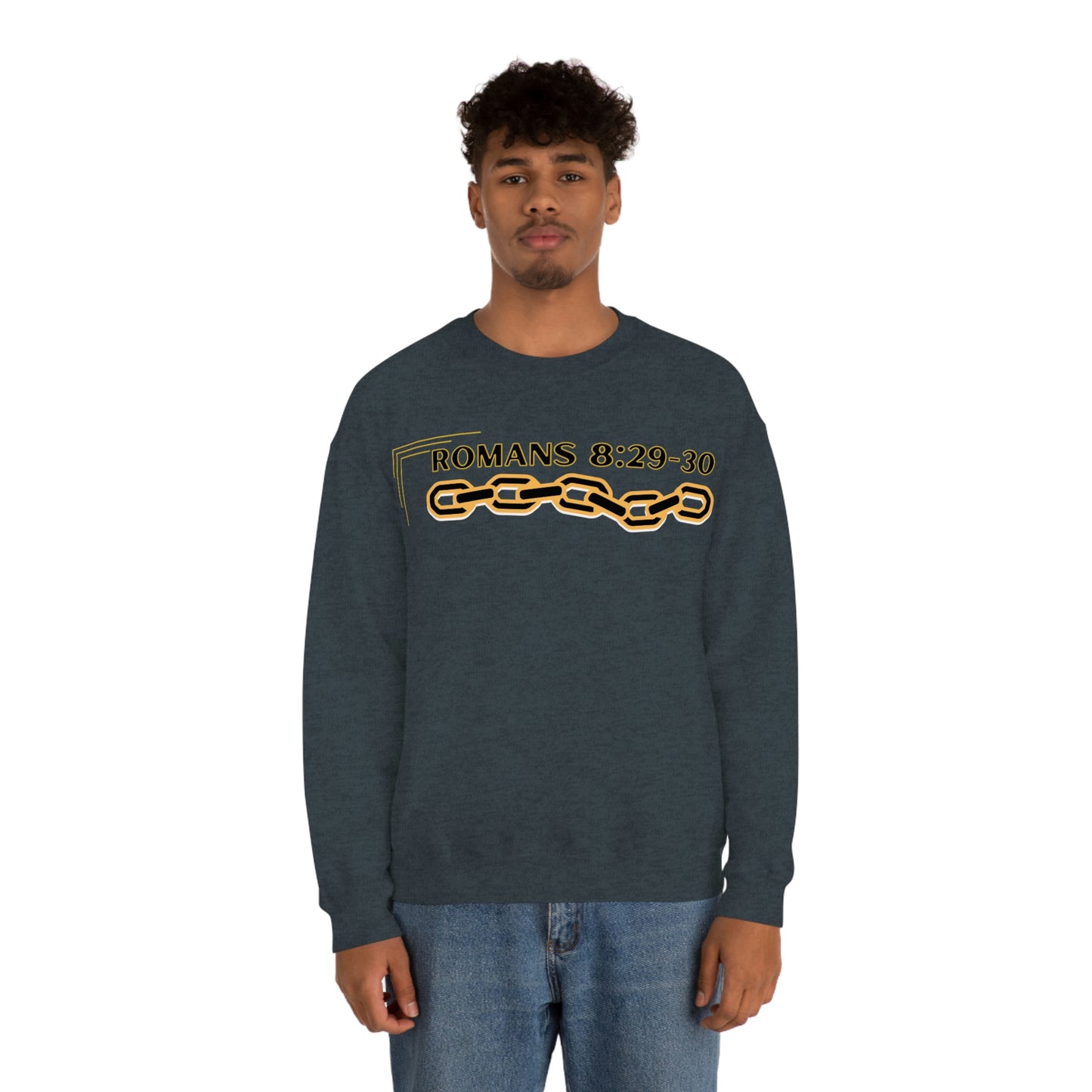 Unisex Golden Chain of Redemption (Romans 8:28-29) [Black] Heavy Blend™ Crewneck Sweatshirt