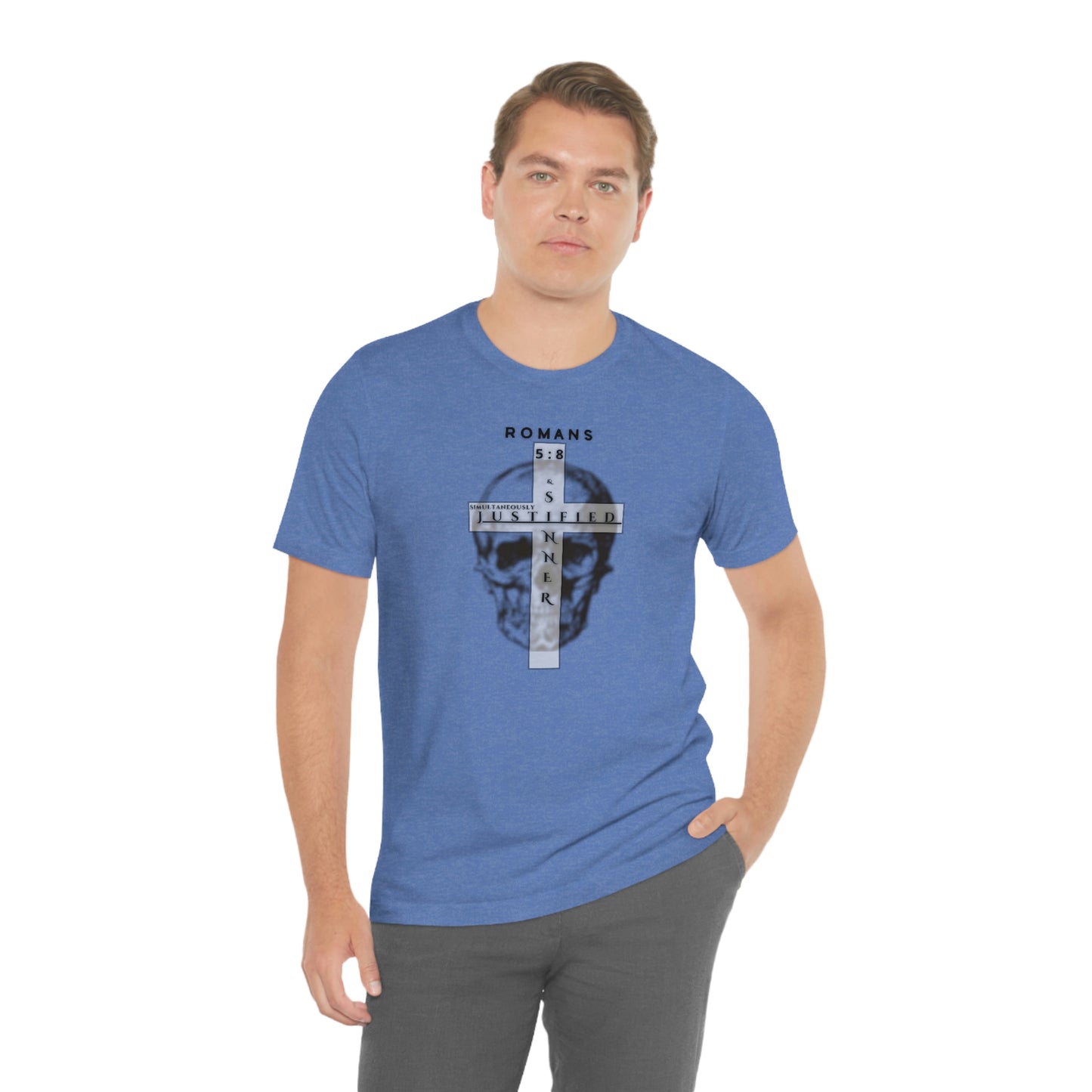 Men's Justified & Sinner (Romans 5:8) [Black Art] Short Sleeve T-Shirt