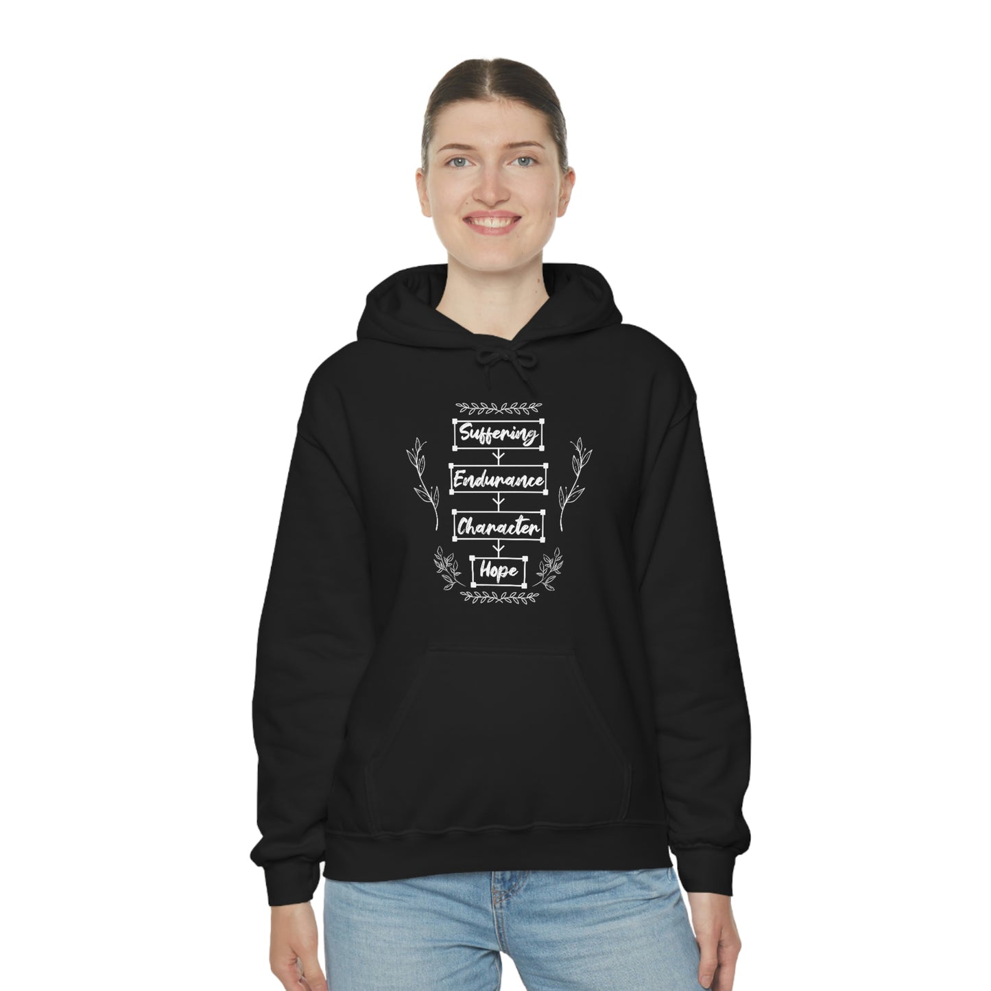 Women's Suffering Produces Hope (Romans 5:4) [White Text] Heavy Blend™ Hooded Sweatshirt