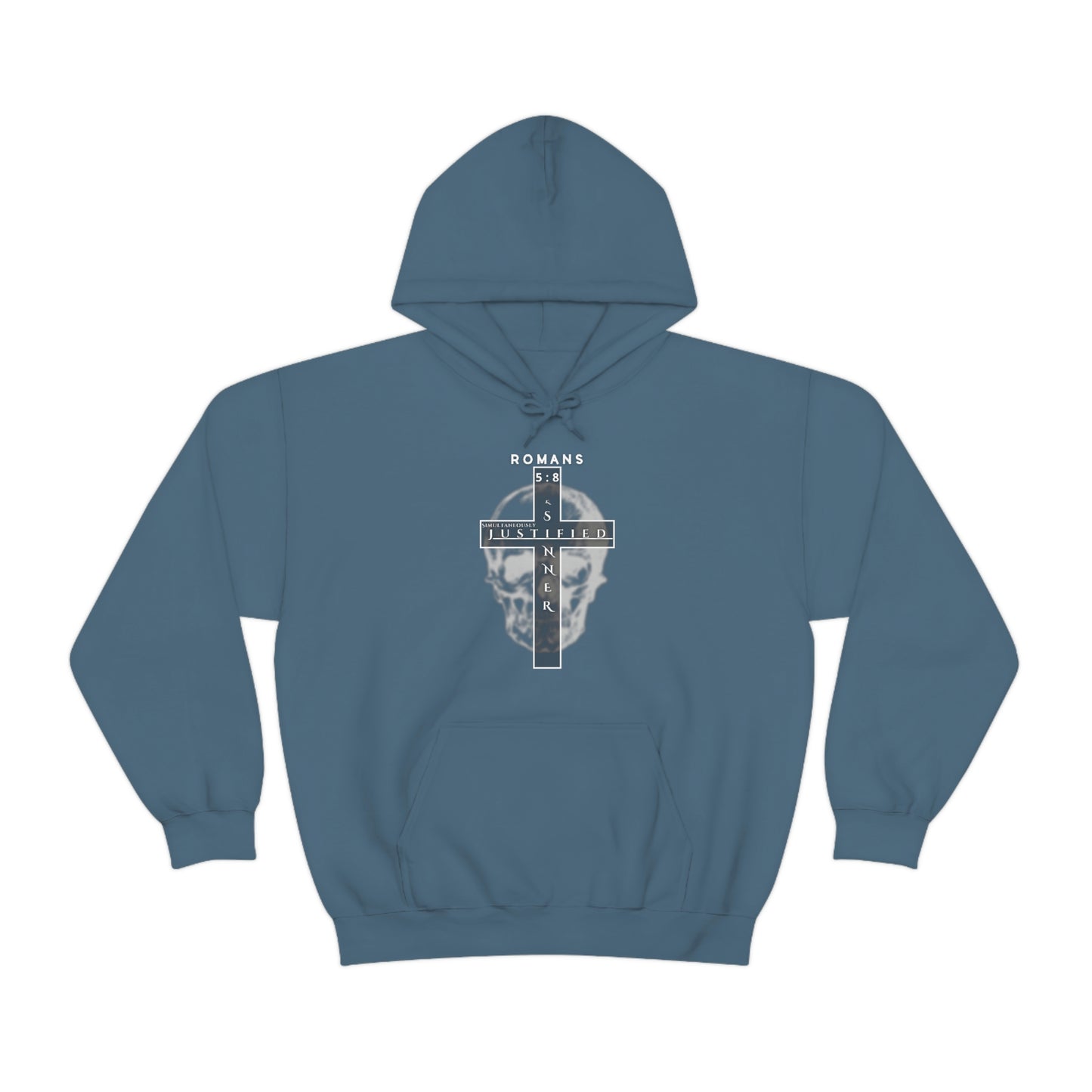 Men's Justified & Sinner (Romans 5:8) [White Art] Heavy Blend™ Hooded Sweatshirt