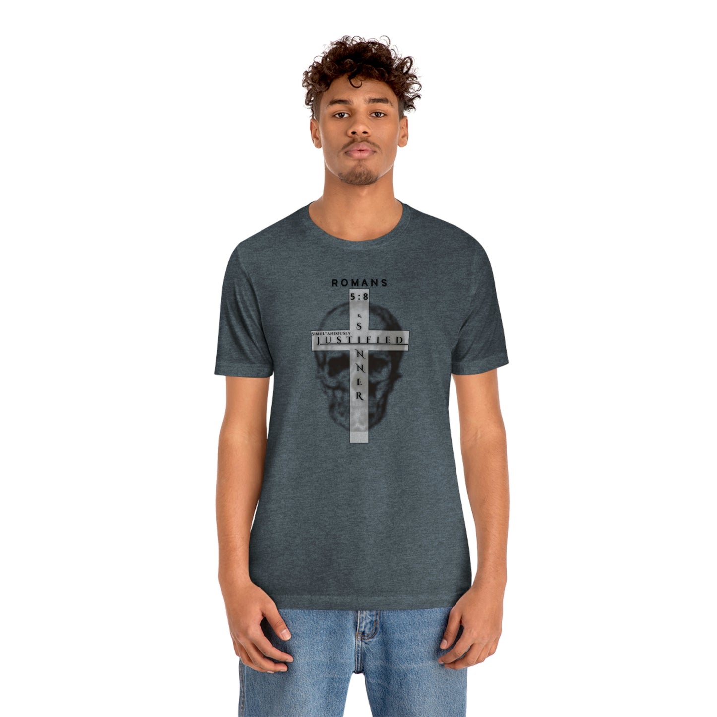 Men's Justified & Sinner (Romans 5:8) [Black Art] Short Sleeve T-Shirt