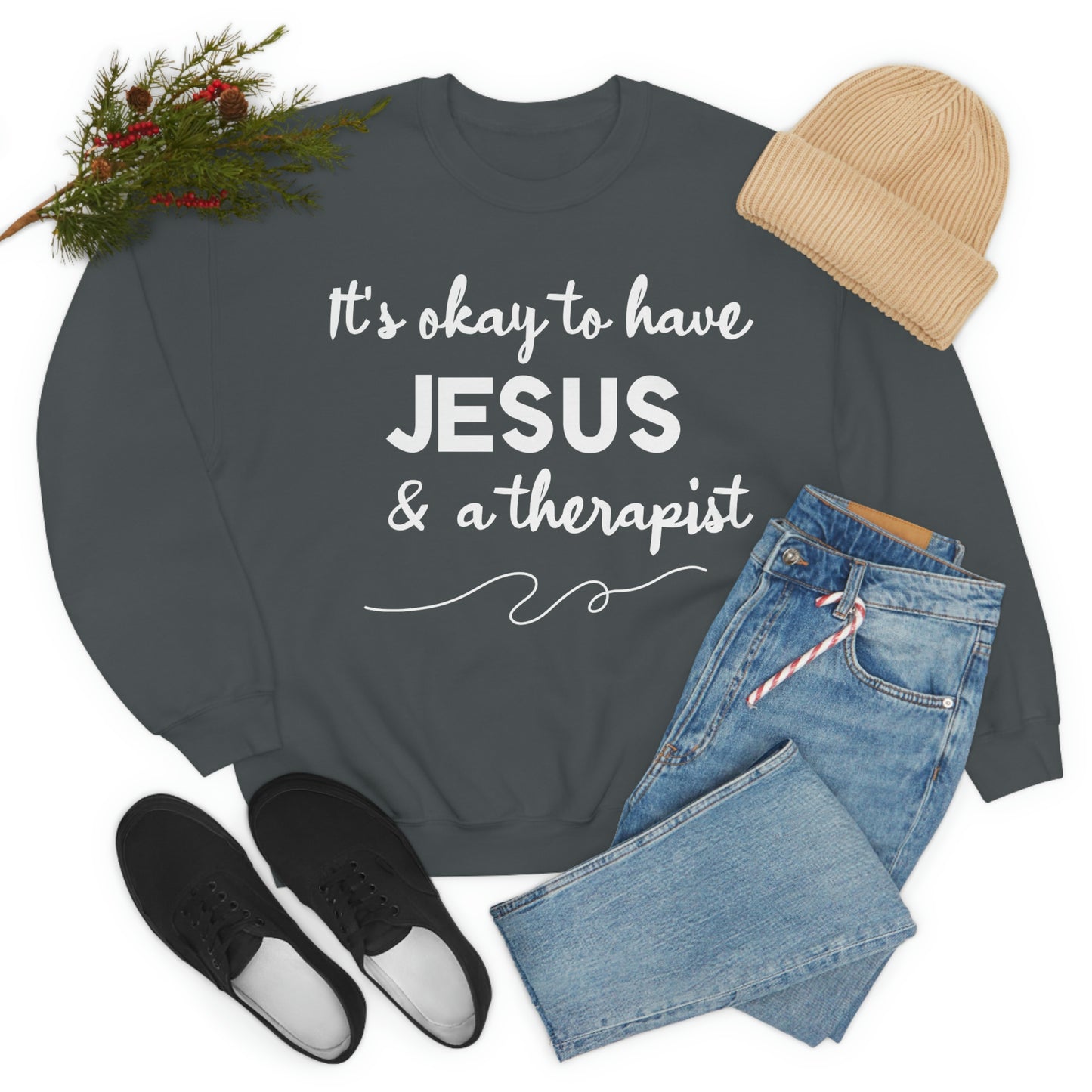 Women's Jesus & A Therapist (White Text) Heavy Blend™ Crewneck Sweatshirt