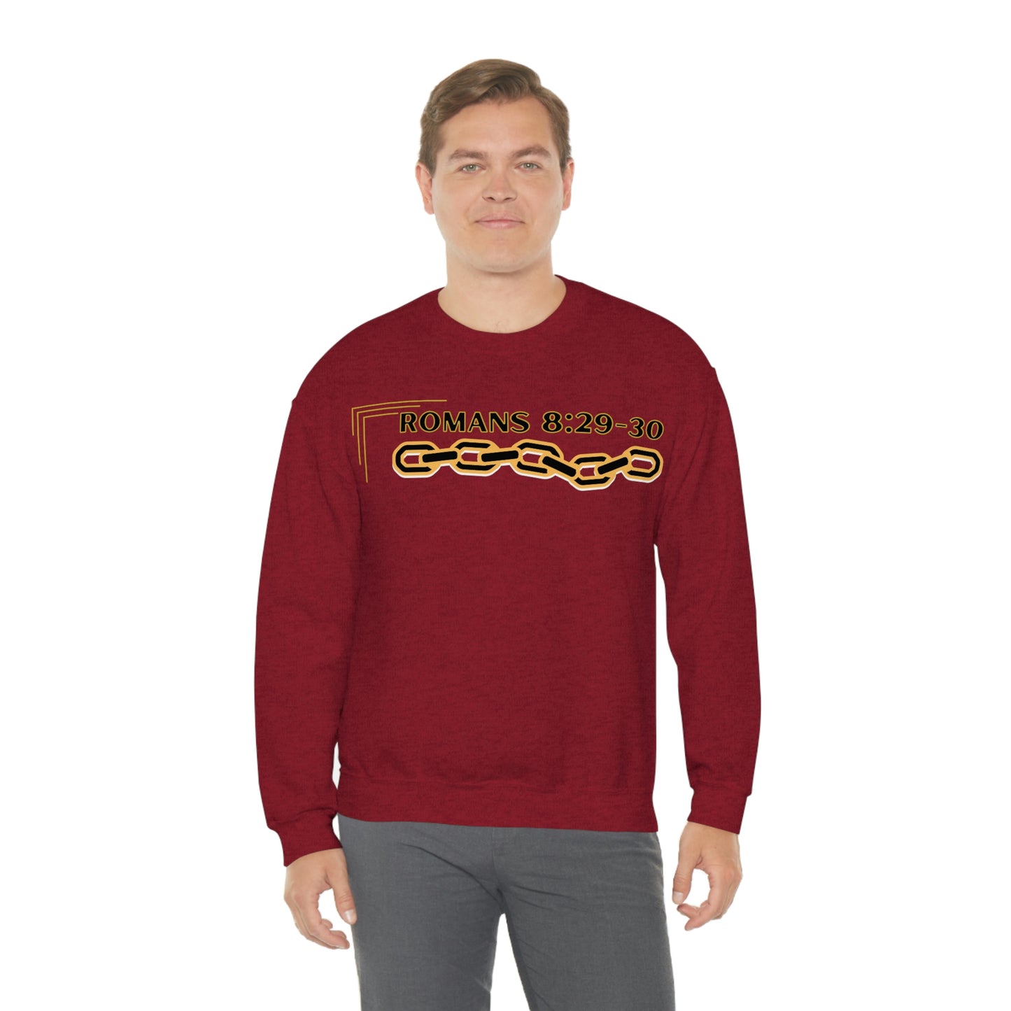 Unisex Golden Chain of Redemption (Romans 8:28-29) [Black] Heavy Blend™ Crewneck Sweatshirt