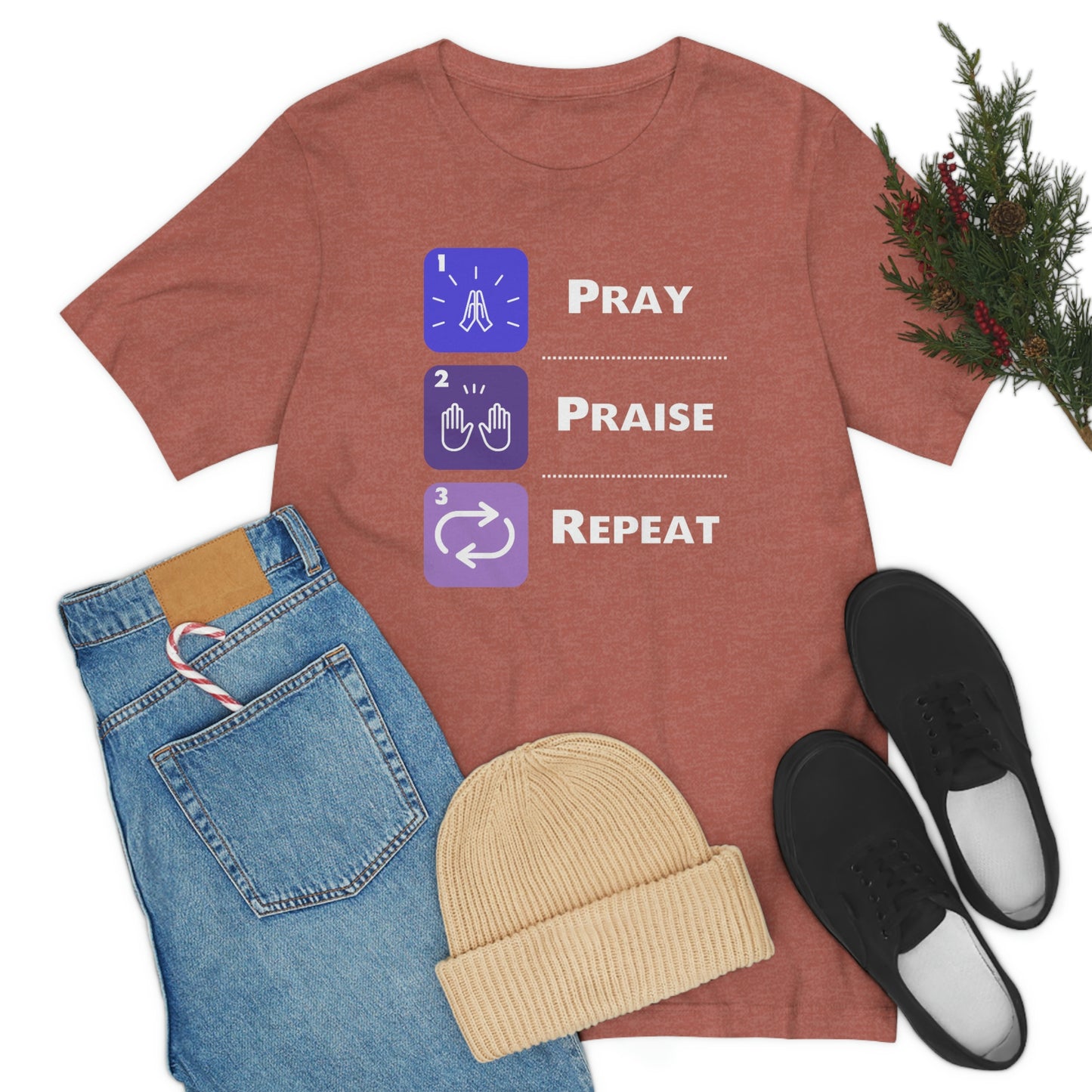 Unisex Pray, Praise, Repeat Short Sleeve T-Shirt (Palette 3)