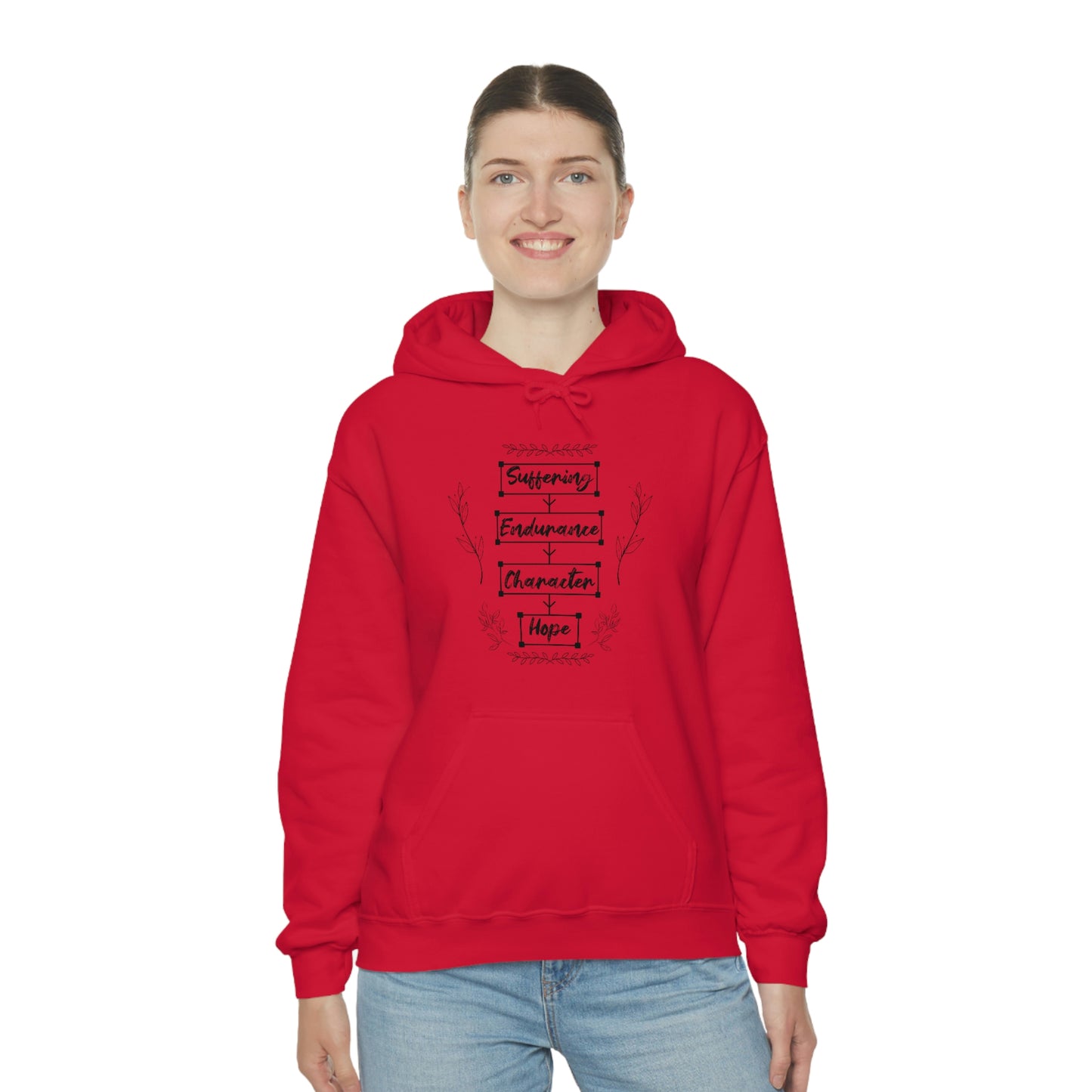 Women's Suffering Produces Hope (Romans 5:4) [Black Text] Heavy Blend™ Hooded Sweatshirt