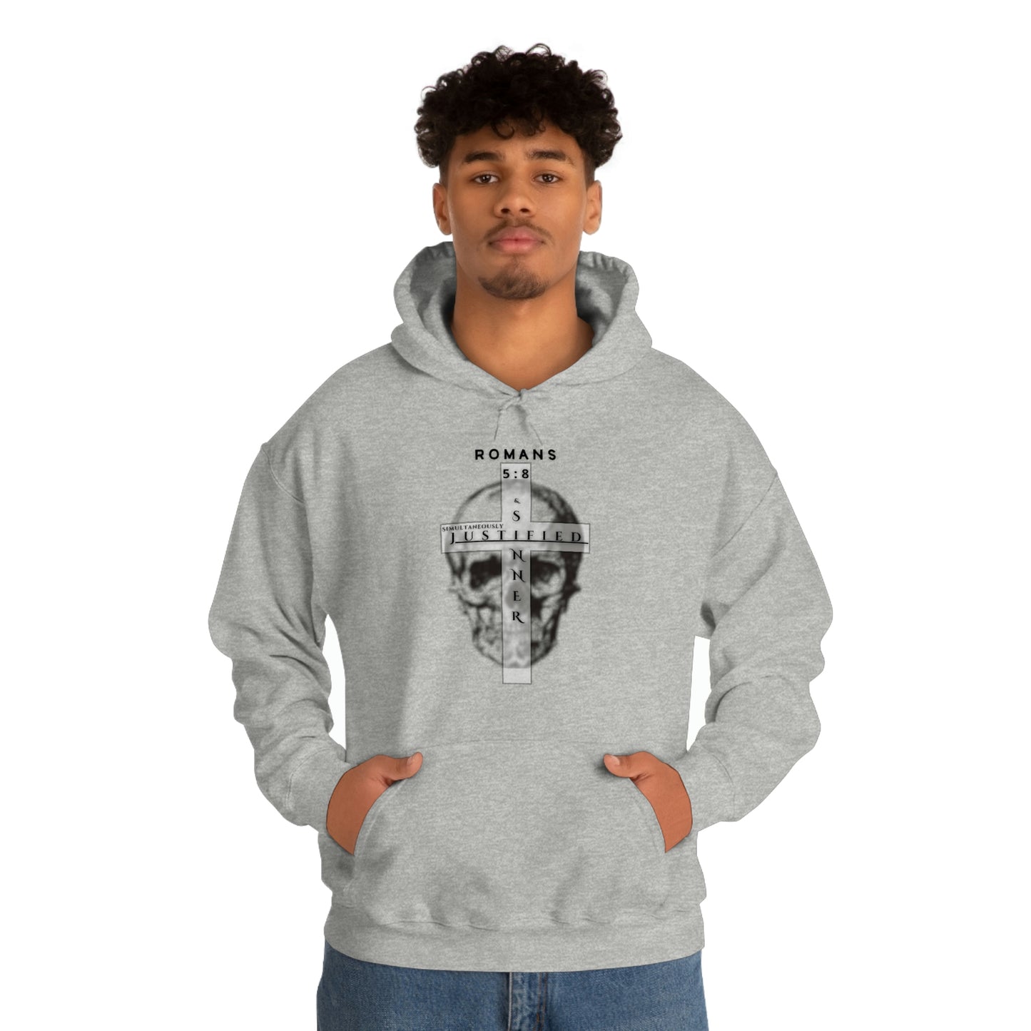 Men's Justified & Sinner (Romans 5:8) [Black Art] Heavy Blend™ Hooded Sweatshirt