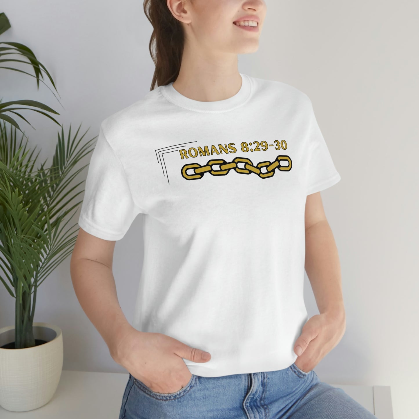 Unisex Golden Chain of Redemption (Romans 8:28-29) [Gold] Short Sleeve T-Shirt