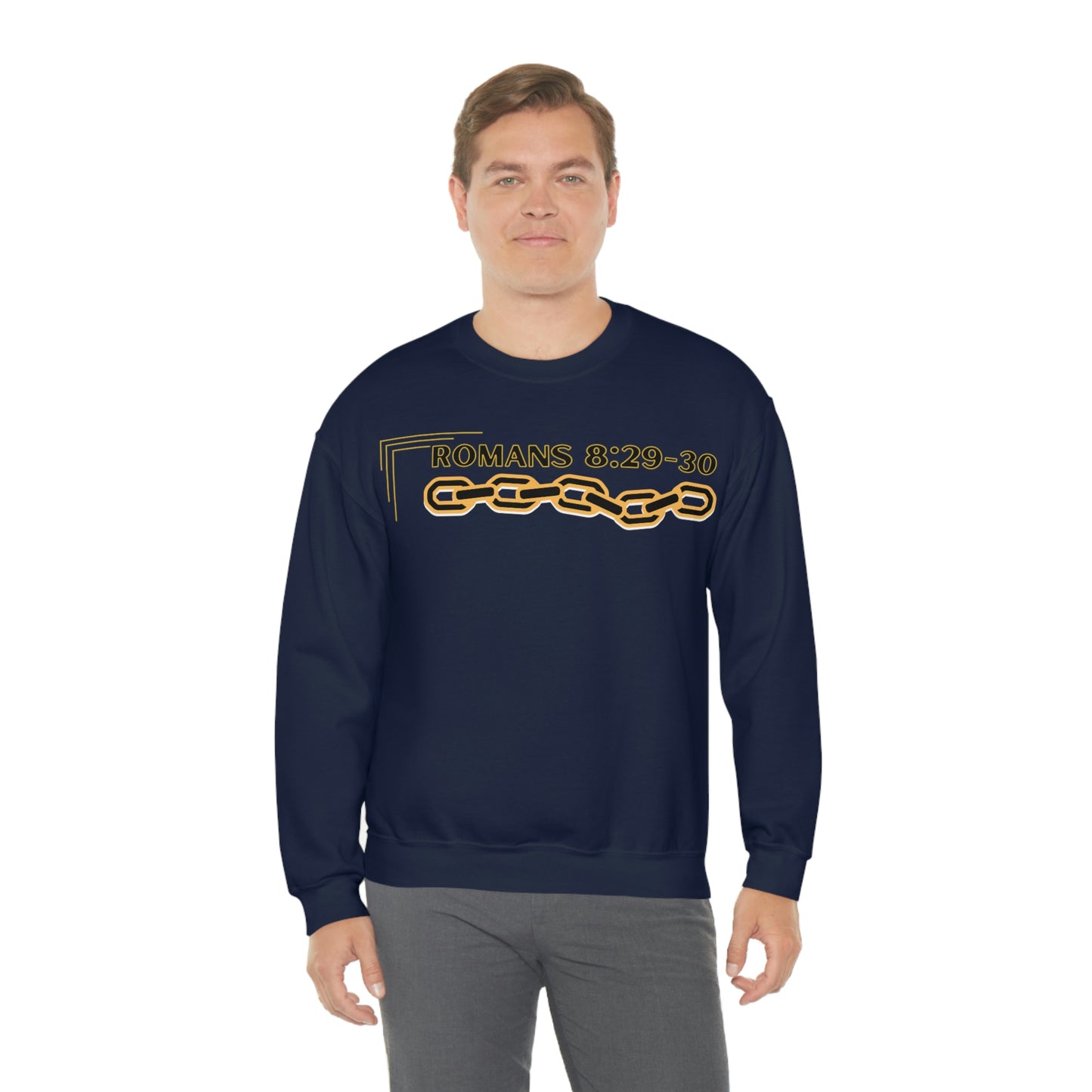 Unisex Golden Chain of Redemption (Romans 8:28-29) [Black] Heavy Blend™ Crewneck Sweatshirt