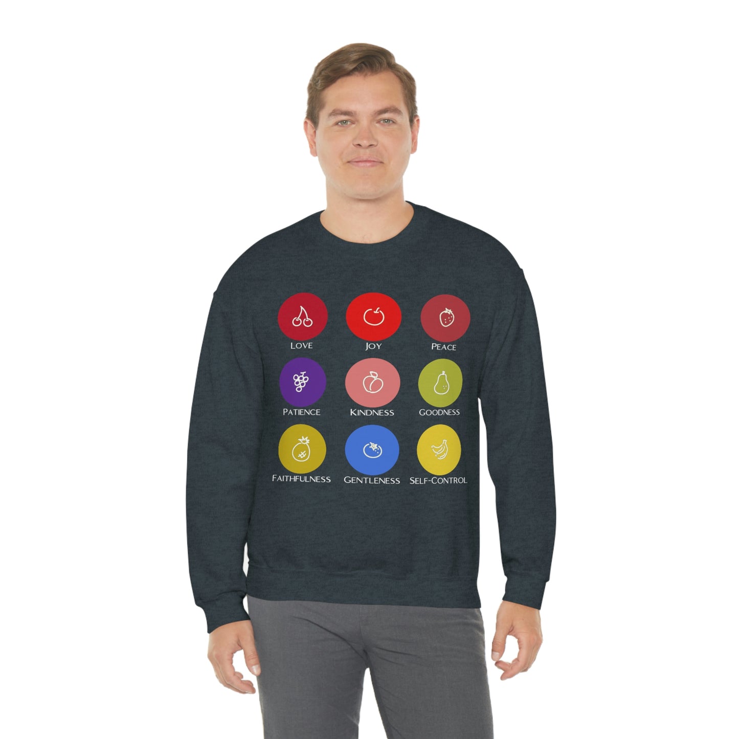 Unisex Fruits of the Spirit (White Text) Heavy Blend™ Crewneck Sweatshirt