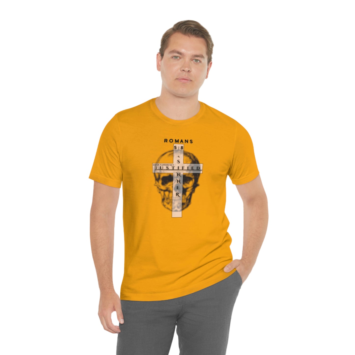 Men's Justified & Sinner (Romans 5:8) [Black Art] Short Sleeve T-Shirt