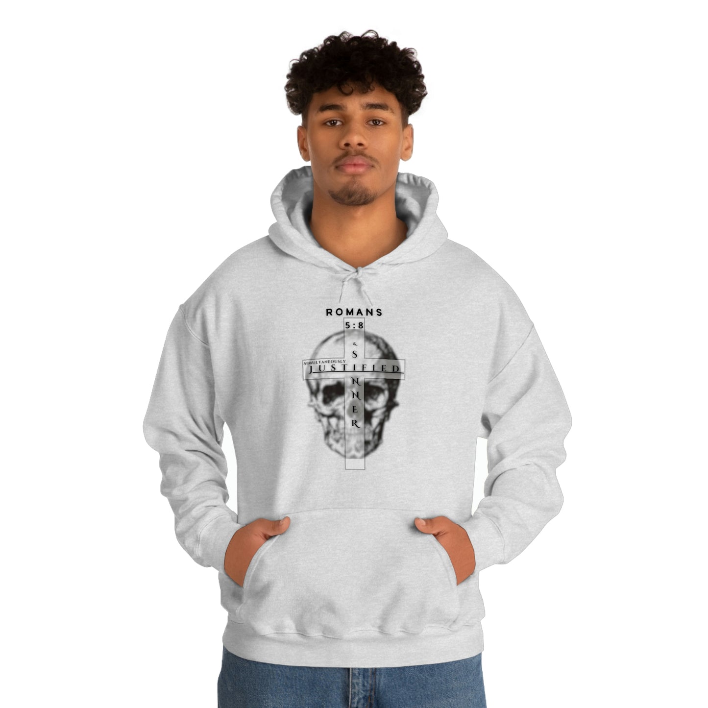 Men's Justified & Sinner (Romans 5:8) [Black Art] Heavy Blend™ Hooded Sweatshirt