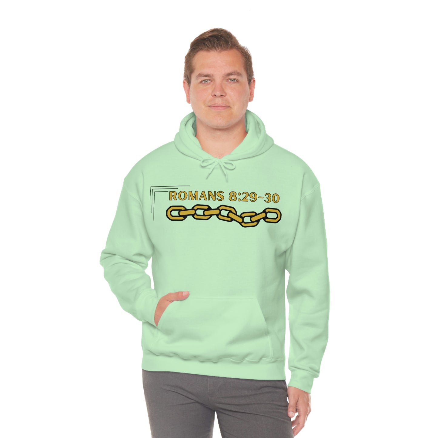 Unisex Golden Chain of Redemption (Romans 8:28-29) [Gold] Heavy Blend™ Hooded Sweatshirt