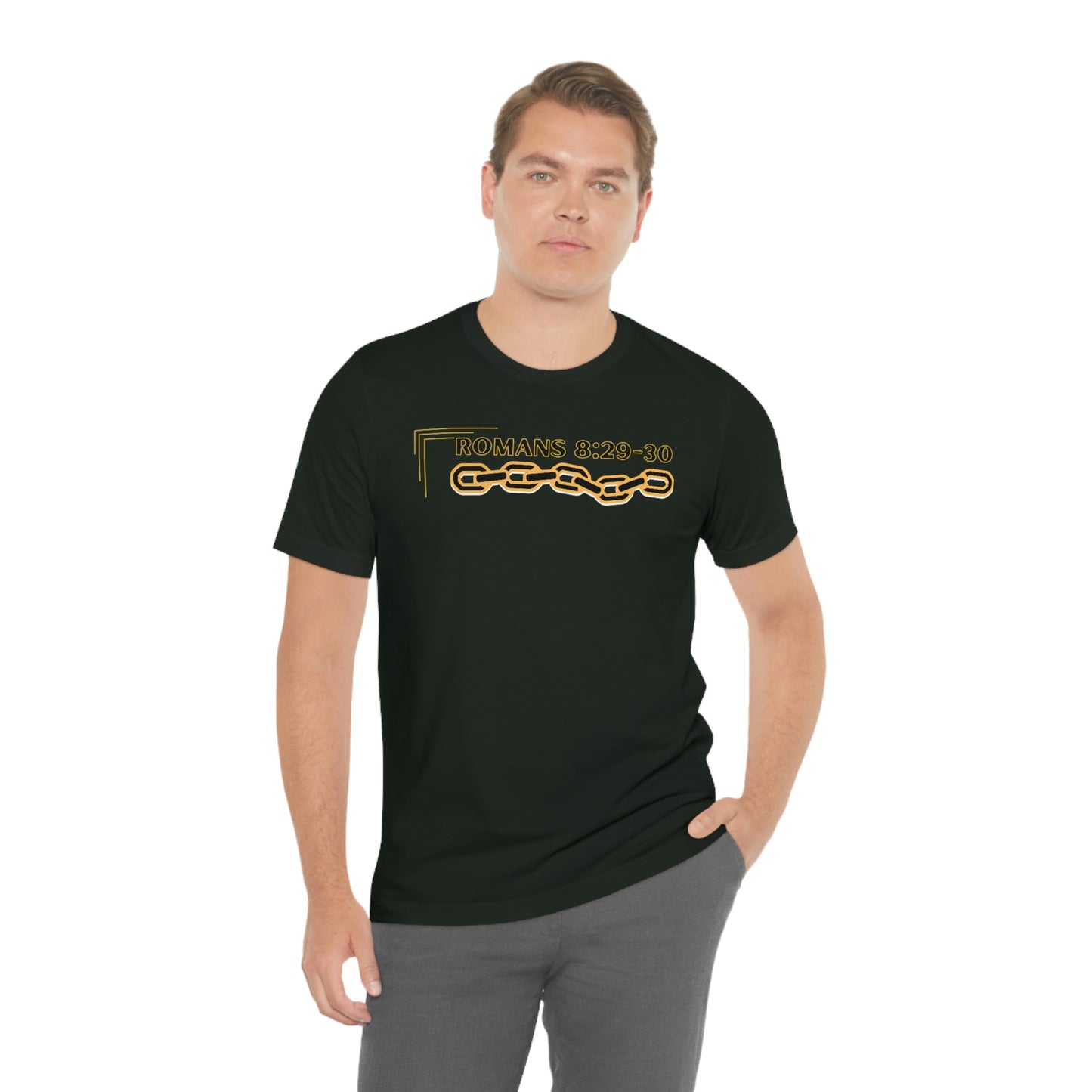 Unisex Golden Chain of Redemption (Romans 8:28-29) [Black] Short Sleeve T-Shirt