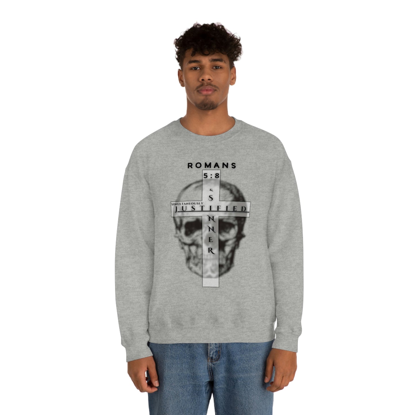 Men's Justified & Sinner (Romans 5:8) [Black Art] Heavy Blend™ Crewneck Sweatshirt