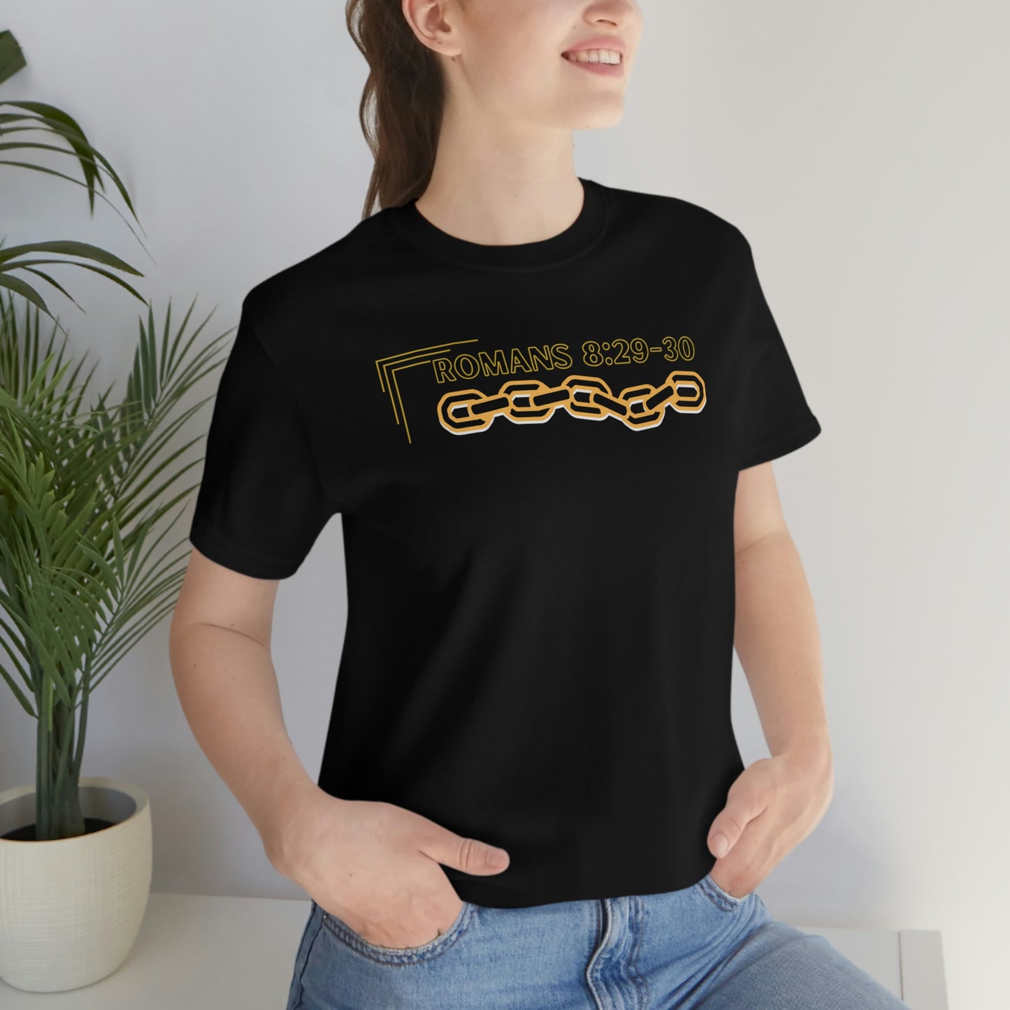 Unisex Golden Chain of Redemption (Romans 8:28-29) [Black] Short Sleeve T-Shirt