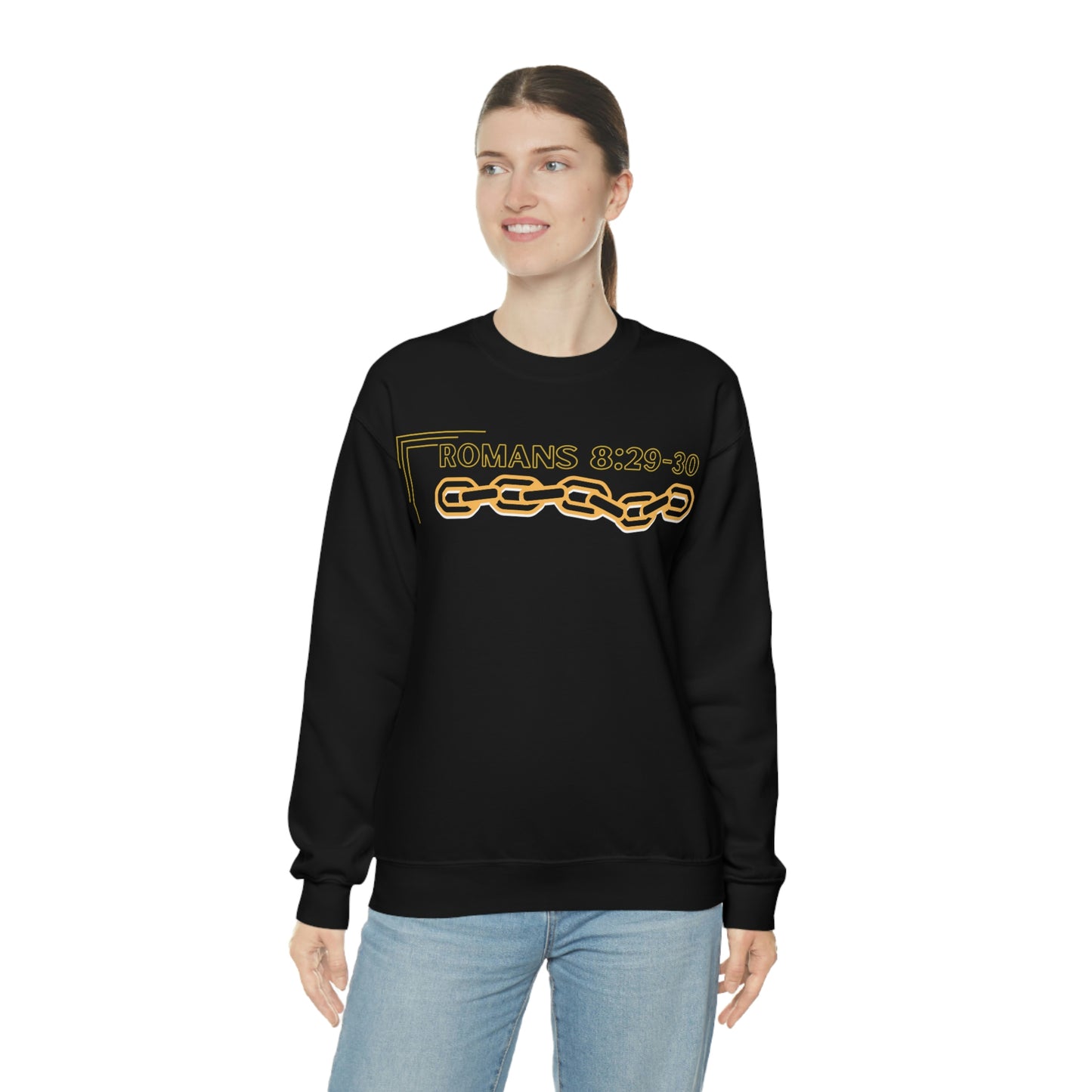 Unisex Golden Chain of Redemption (Romans 8:28-29) [Black] Heavy Blend™ Crewneck Sweatshirt