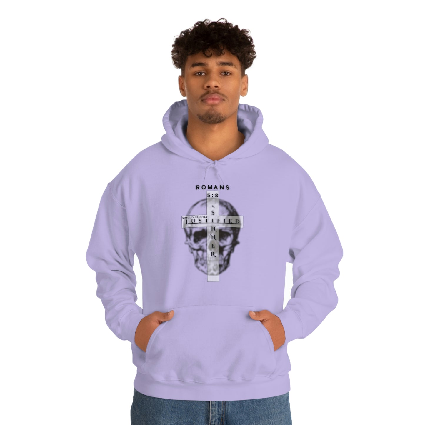 Men's Justified & Sinner (Romans 5:8) [Black Art] Heavy Blend™ Hooded Sweatshirt