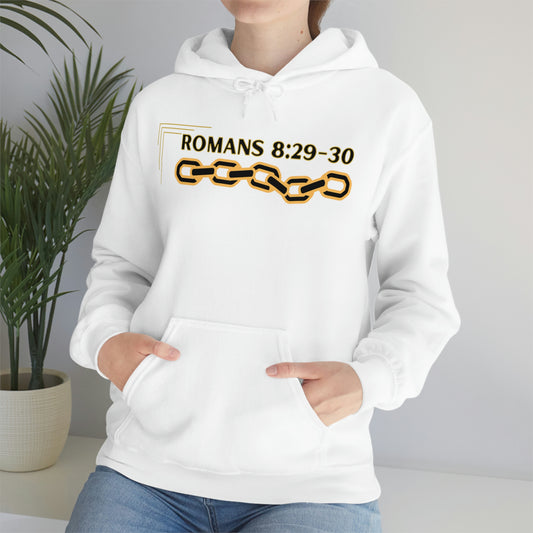 Unisex Golden Chain of Redemption (Romans 8:28-29) [Black] Heavy Blend™ Hooded Sweatshirt