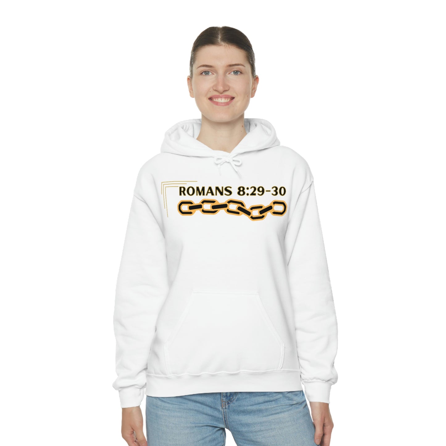 Unisex Golden Chain of Redemption (Romans 8:28-29) [Black] Heavy Blend™ Hooded Sweatshirt