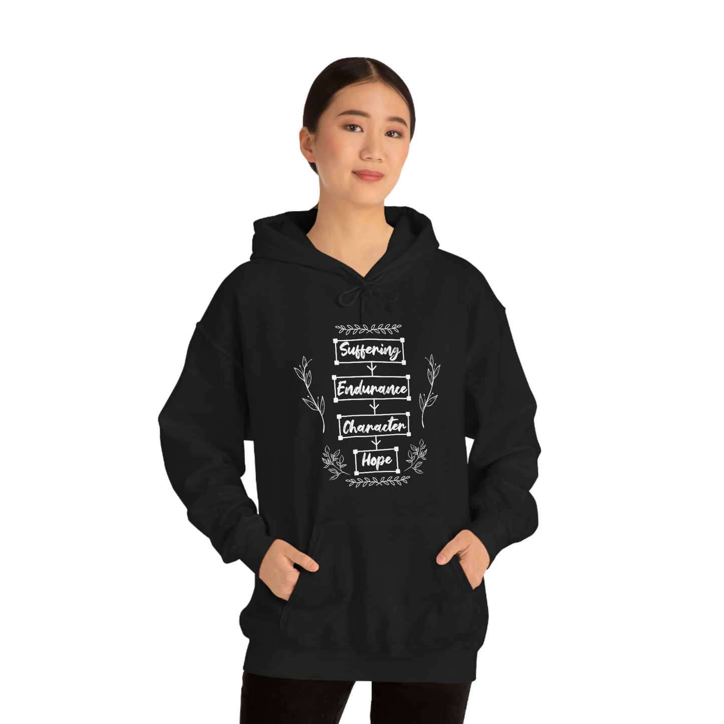 Women's Suffering Produces Hope (Romans 5:4) [White Text] Heavy Blend™ Hooded Sweatshirt