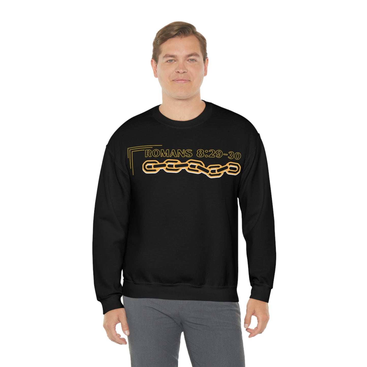 Unisex Golden Chain of Redemption (Romans 8:28-29) [Black] Heavy Blend™ Crewneck Sweatshirt