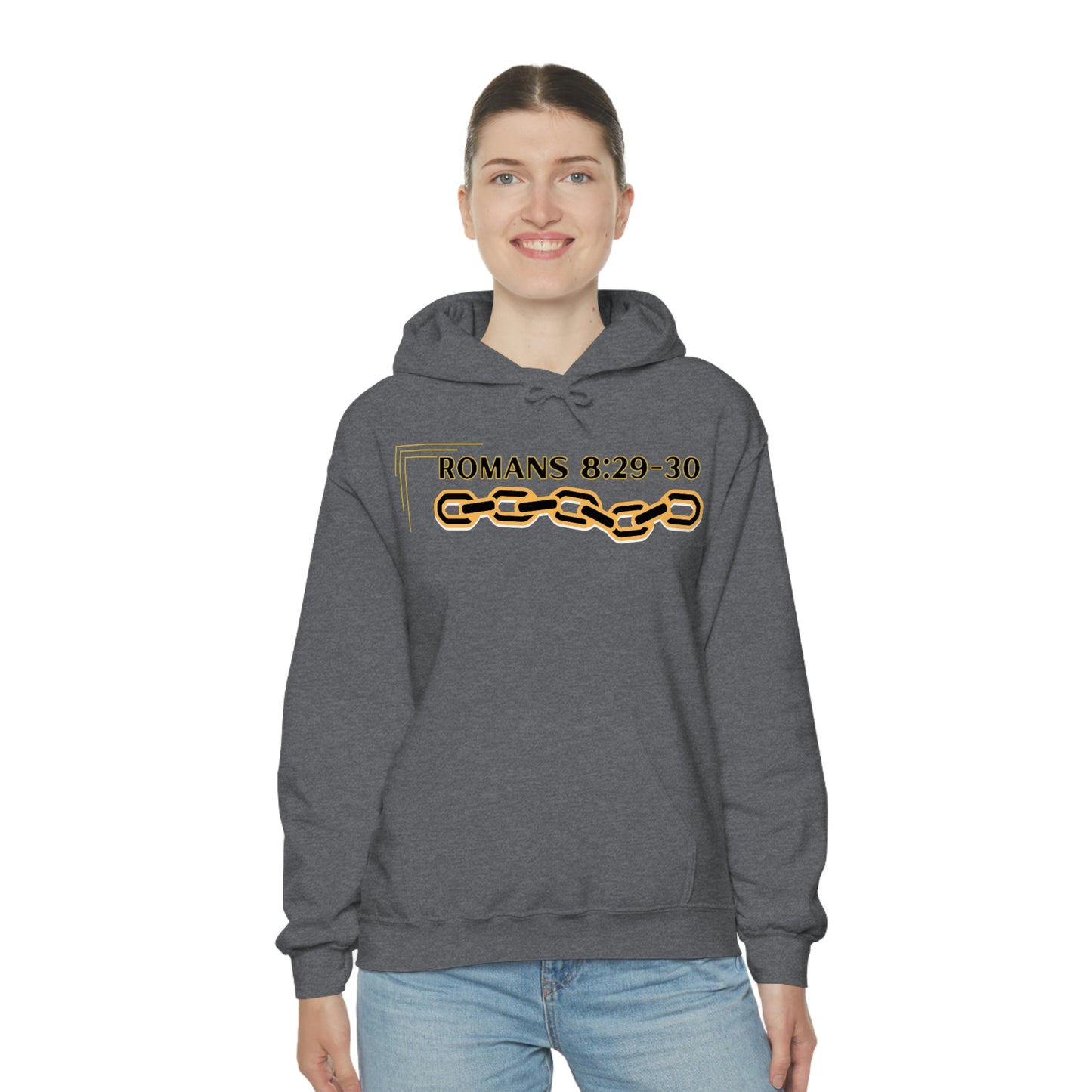 Unisex Golden Chain of Redemption (Romans 8:28-29) [Black] Heavy Blend™ Hooded Sweatshirt