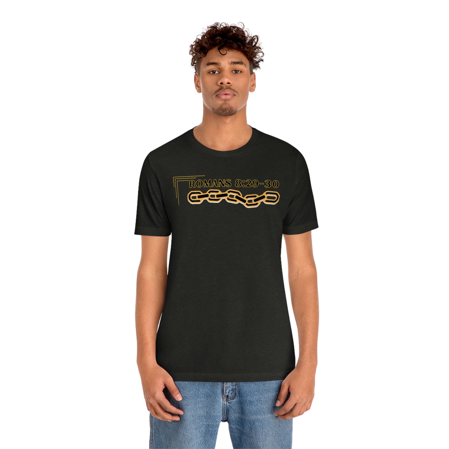 Unisex Golden Chain of Redemption (Romans 8:28-29) [Black] Short Sleeve T-Shirt