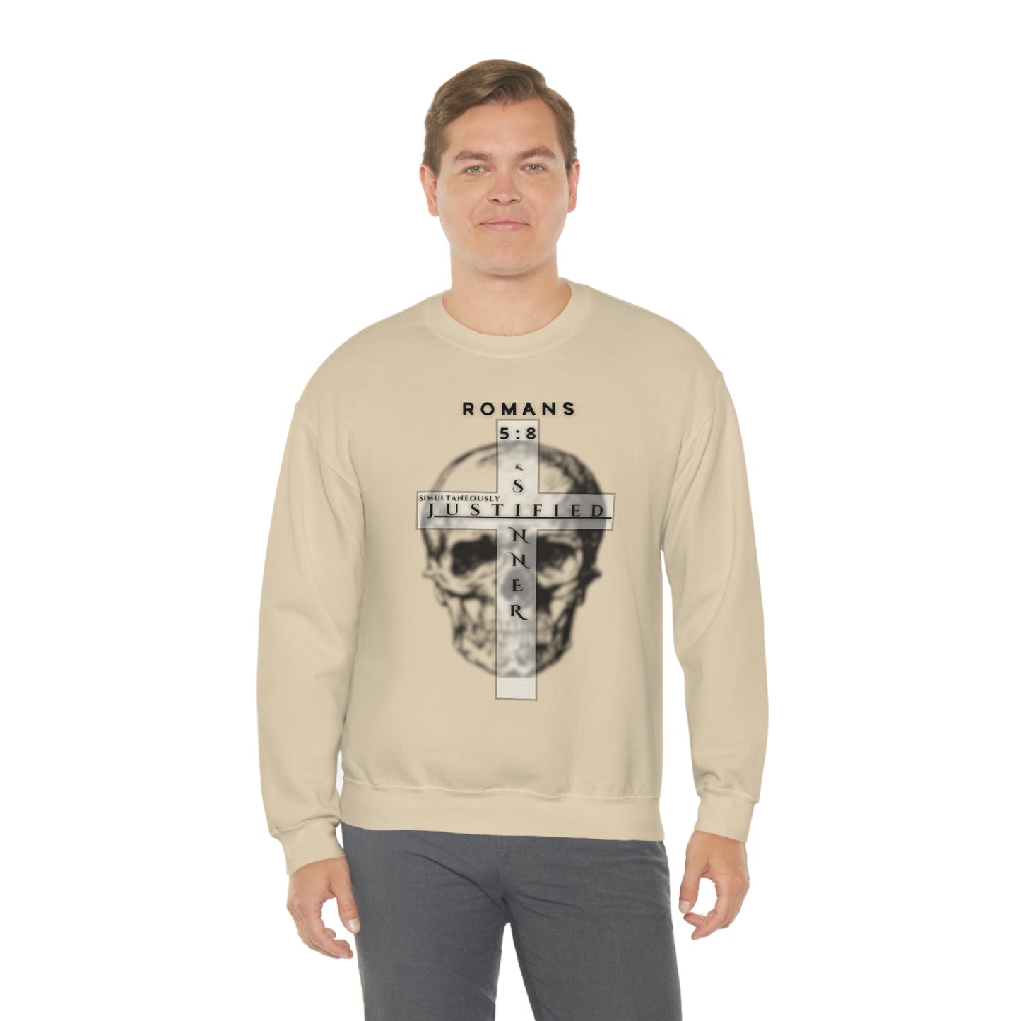 Men's Justified & Sinner (Romans 5:8) [Black Art] Heavy Blend™ Crewneck Sweatshirt