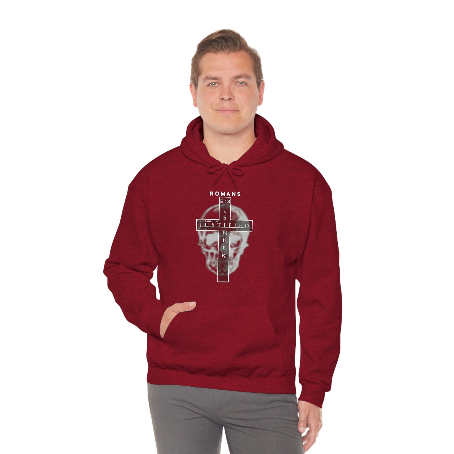 Men's Justified & Sinner (Romans 5:8) [White Art] Heavy Blend™ Hooded Sweatshirt