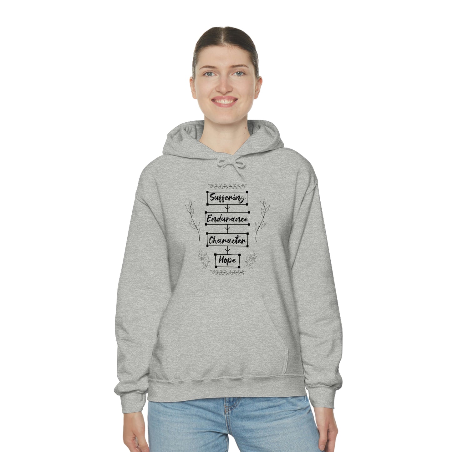 Women's Suffering Produces Hope (Romans 5:4) [Black Text] Heavy Blend™ Hooded Sweatshirt