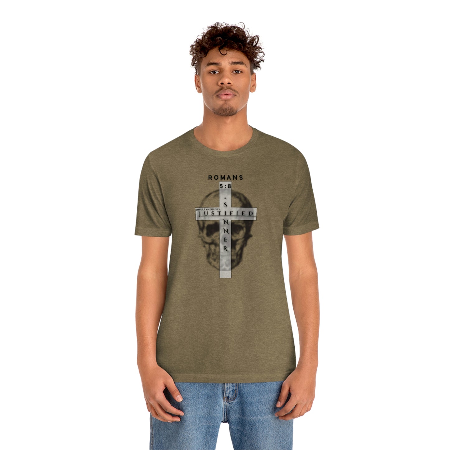 Men's Justified & Sinner (Romans 5:8) [Black Art] Short Sleeve T-Shirt