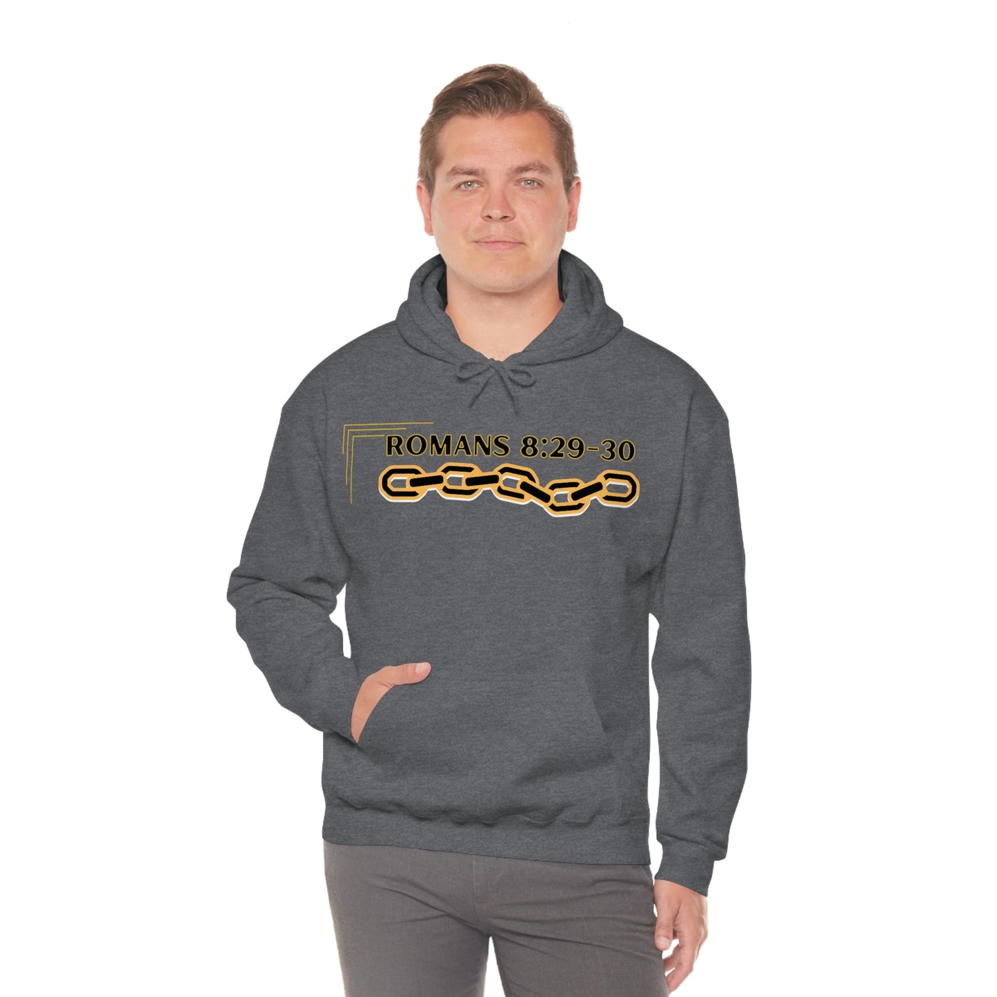 Unisex Golden Chain of Redemption (Romans 8:28-29) [Black] Heavy Blend™ Hooded Sweatshirt