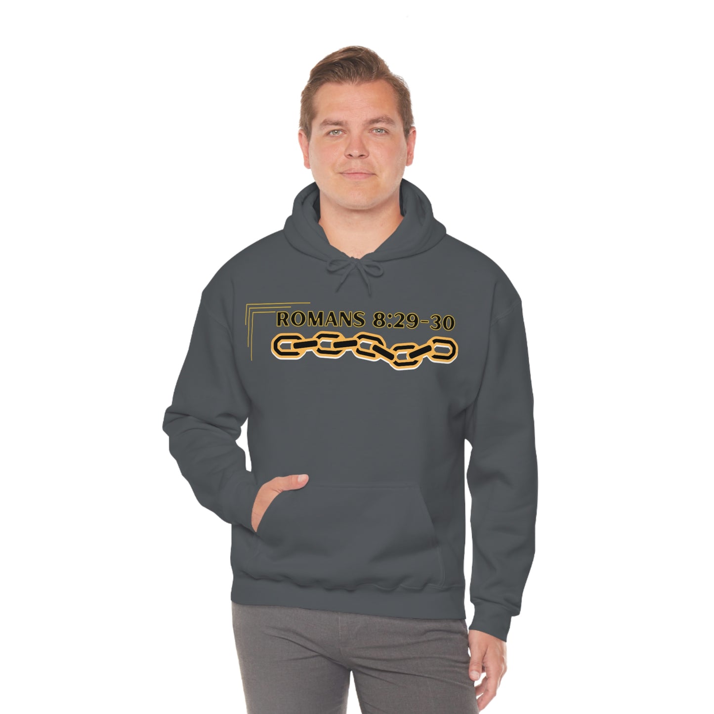 Unisex Golden Chain of Redemption (Romans 8:28-29) [Black] Heavy Blend™ Hooded Sweatshirt